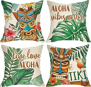 Summer Tiki Palm Leaves Decorative Throw Pillow Covers 18 x 18 Set of 4,...