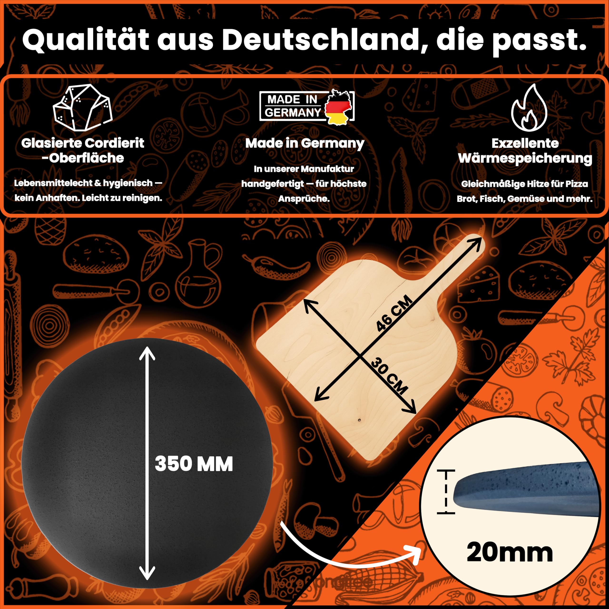 Megrill Pizzastein Rund Set 350x20mm Cordierit – Glasierter Pizza Stein für Holzkohle & Gasgrill, Hitzebeständig & Leicht zu Reinigen, Perfekt für Knusprige, Luftige Pizzaböden – Made in Germany