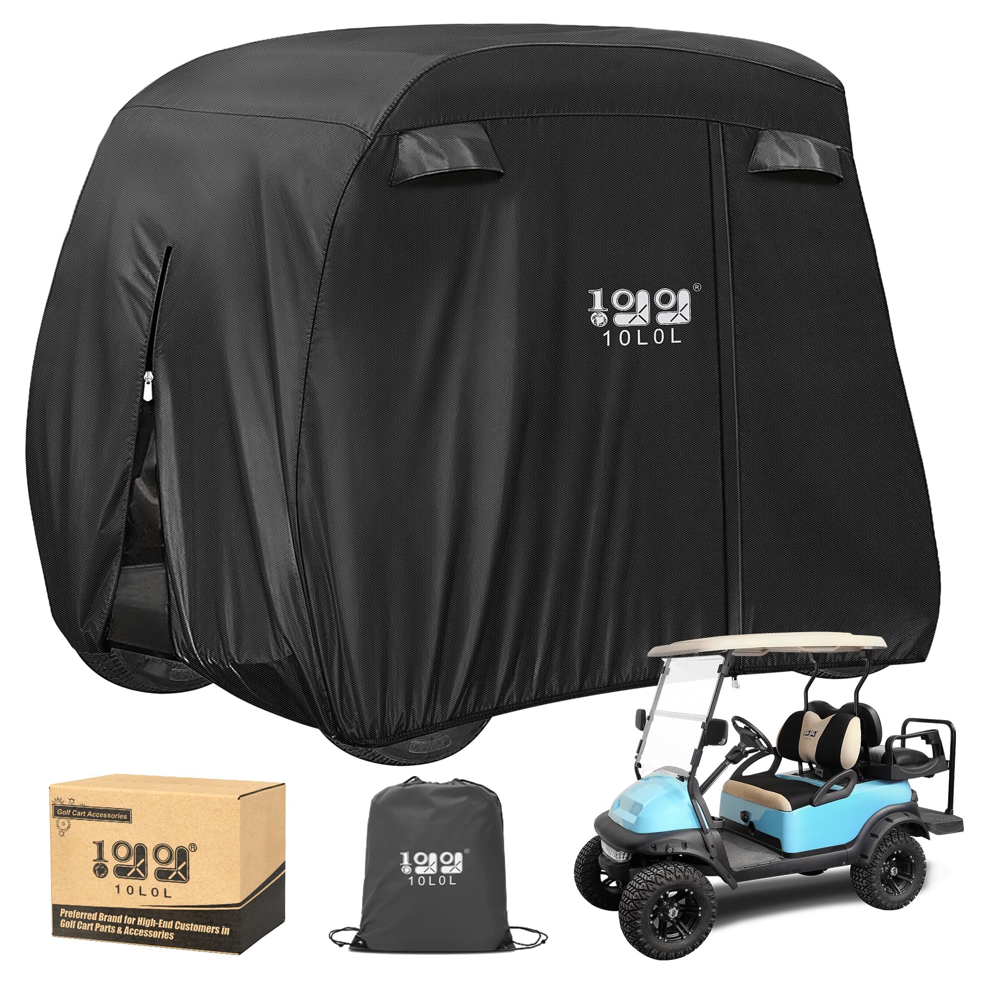 10L0L 2/4 Passenger Golf Buggy Cover for Yamaha EZGO Club Car, 400D Waterproof Durable Polyester Golf Buggy Storage Cover Black with Three Zipper Doors Windproof Sunproof
