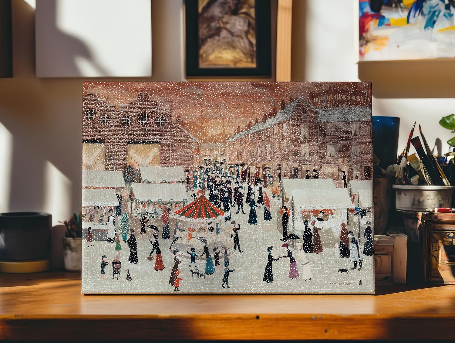Poster Master Oldham Market In The Snow On Christmas Eve Canvas - Retro Holiday Print - Winter Snow Art - Christmas Wall Design - Great Living Room or Office Wall Decor - 8x10 STRETCHED Canvas