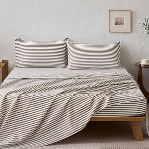 JELLYMONI 100% Cotton Sheet Set, Tan Striped, Queen | Soft breathable cotton, Deep pocket fit, Complete sheet set, Envelope closure, Bedroom refresh