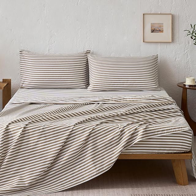 JELLYMONI 100% Cotton Sheet Set, Tan Striped, Queen | Soft breathable cotton, Deep pocket fit, Complete sheet set, Envelope closure, Bedroom refresh