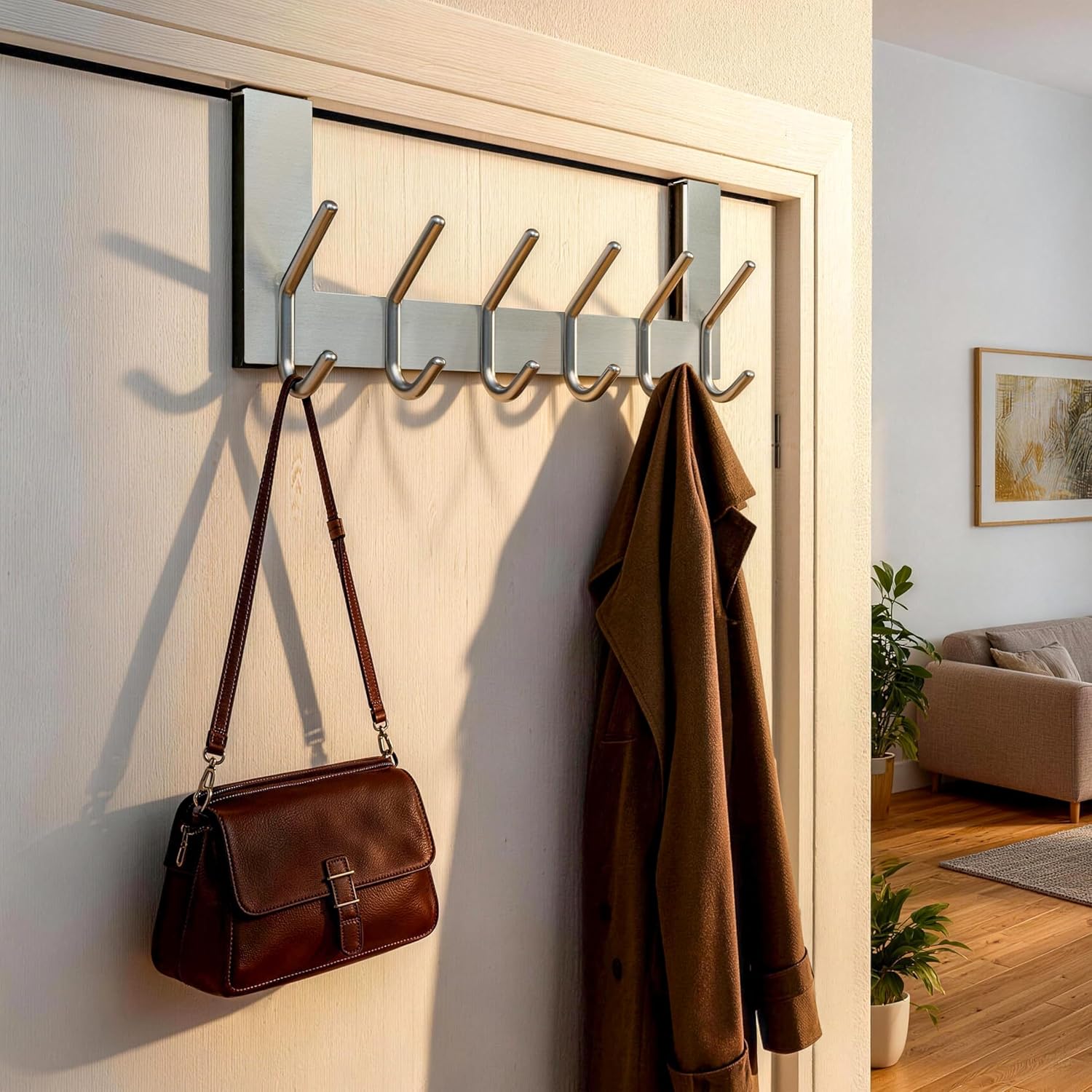 WEBI Over The Door Hook Door Hanger:Over The Door Towel Rack with 6 Hooks for Hanging Coats,Towel Hanger Door Coat Hanger Over Door Coat Rack for Towels,Clothes,Back of Bathroom,Silver