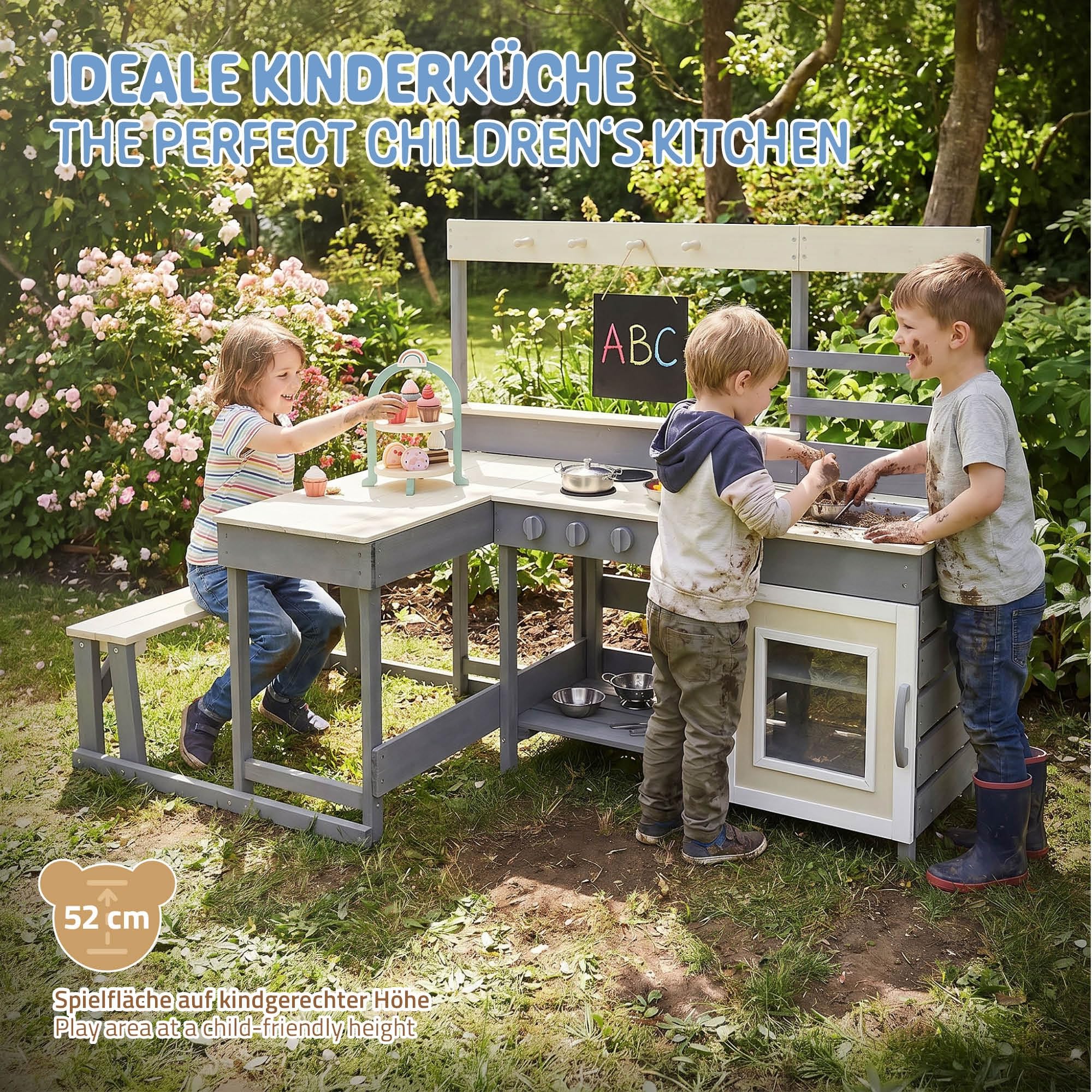Joyz Kinderküche aus Tannenholz massiv, Spielküche mit Tisch, Sitzbank, Tafel & Küchenzubehör, Outdoor Holzküche, Wetterfeste Kinderspielküche Set, Matschküche, Spielzeugküche für Kinder ab 3 Jahren