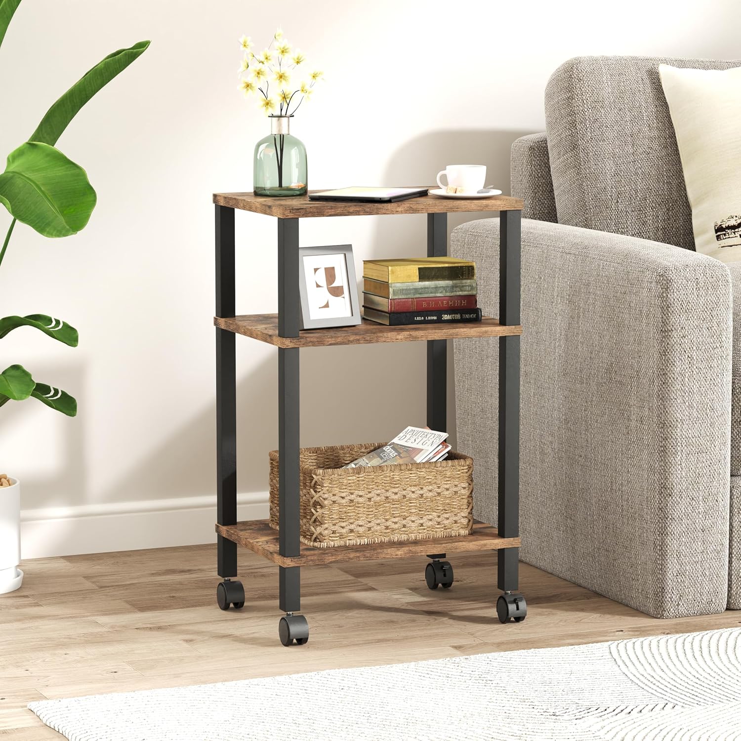 3-Tier Printer Stand with Storage, Mobile Printer Cart with Rolling Casters & Adjustable Feet, Under Desk Storage Shelf for Home Office, Rustic Brown, 15.7" x 11.8" x 25.9"