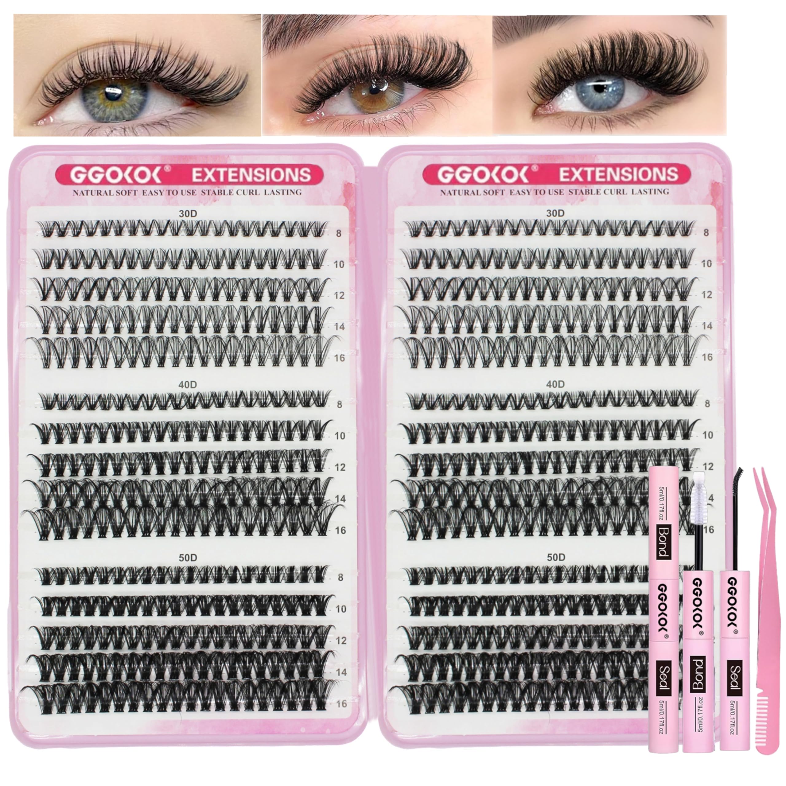GGOKOK DIY Lash Clusters Kit 30D+40D+50D Fluffy Volume 8-16MM Thick Eyelash Extension Kit Individual Lashes Clusters Lash Bond and Seal Tweezers(30D 40D 50D,Kit)