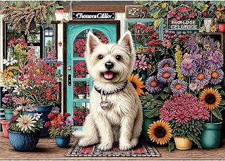 Dog Flower Shop 1000 Piece Jigsaw Puzzle for Adults Colorful Garden Scene Sunflowers Challenging Puzzle for Family Game Night Gifts & Home Decor for Puzzle Lovers (27.6" x 19.7")