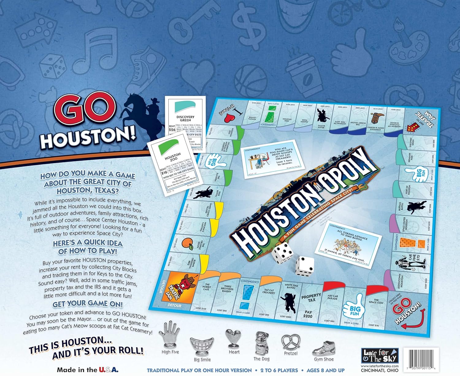 Late for the Sky Houston-Opoly Property Trading Board Game – Houston Landmarks, Family Strategy Game for Adults & Kids, 2–6 Players, City-Building, Fast Play Option, Great Gift for Space City Fans