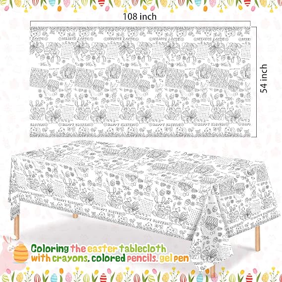 1 Pack Easter Coloring Table Cloth, Coloring Tablecloth with Happy Bunny Egg, Easter Paper Tablecloth for Holiday Party Favors(108x54Inch)