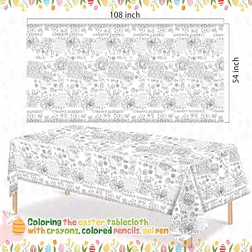 1 Pack Easter Coloring Table Cloth, Coloring Tablecloth with Happy Bunny Egg, Easter Paper Tablecloth for Holiday Party Favors(108x54Inch)