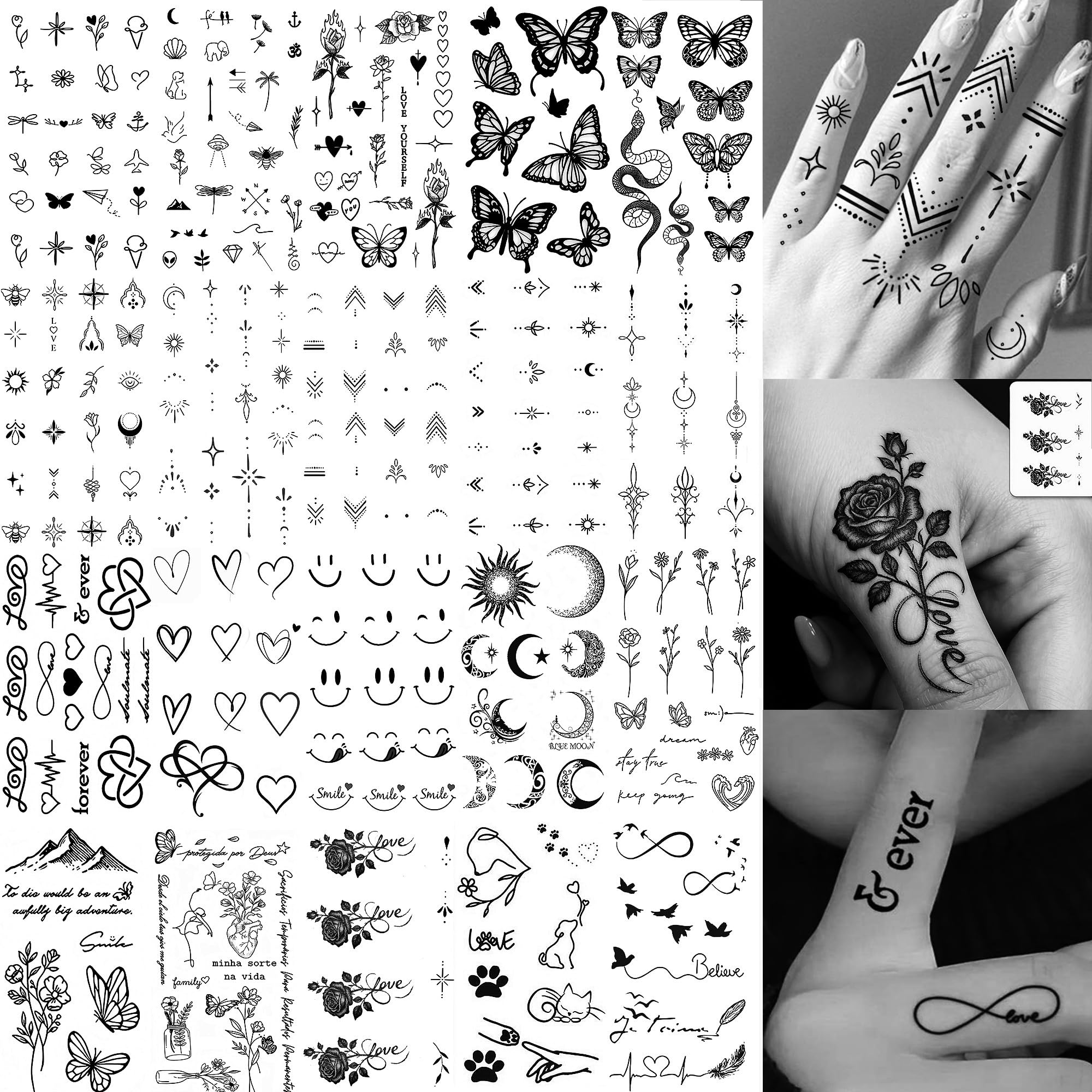 20 Sheets Black Tiny Infinity Rose Flowers Butterfly Temporary Tattoos For Women Adults Temp Tatoo Sticker, Realistic Small Arrow Crescent Moon Sun Star Fake Tattoos For Finger Hands Waterproof Decals