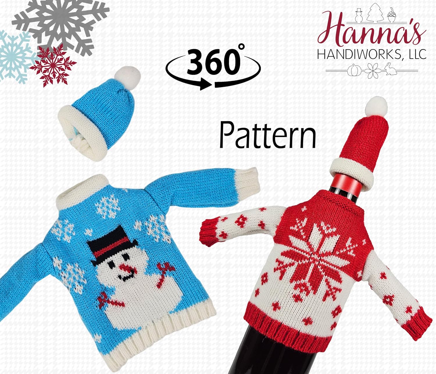 Snowman & Snowflake Wine Bottle Sweater Covers by Hanna’s Handiworks - Festive Tabletop Decoration for Party - Home Decor and Giftwrap Idea for Holiday Hostess Gift - Set of 2