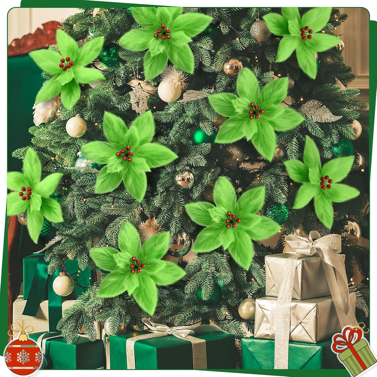 Chunyin 8 Pcs Christmas Poinsettia Plush Christmas Tree Flowers Artificial Faux Flowers Decoration Christmas Tree Picks Poinsettia Ornaments for Xmas New Year Home Outdoor Decoration (Green)