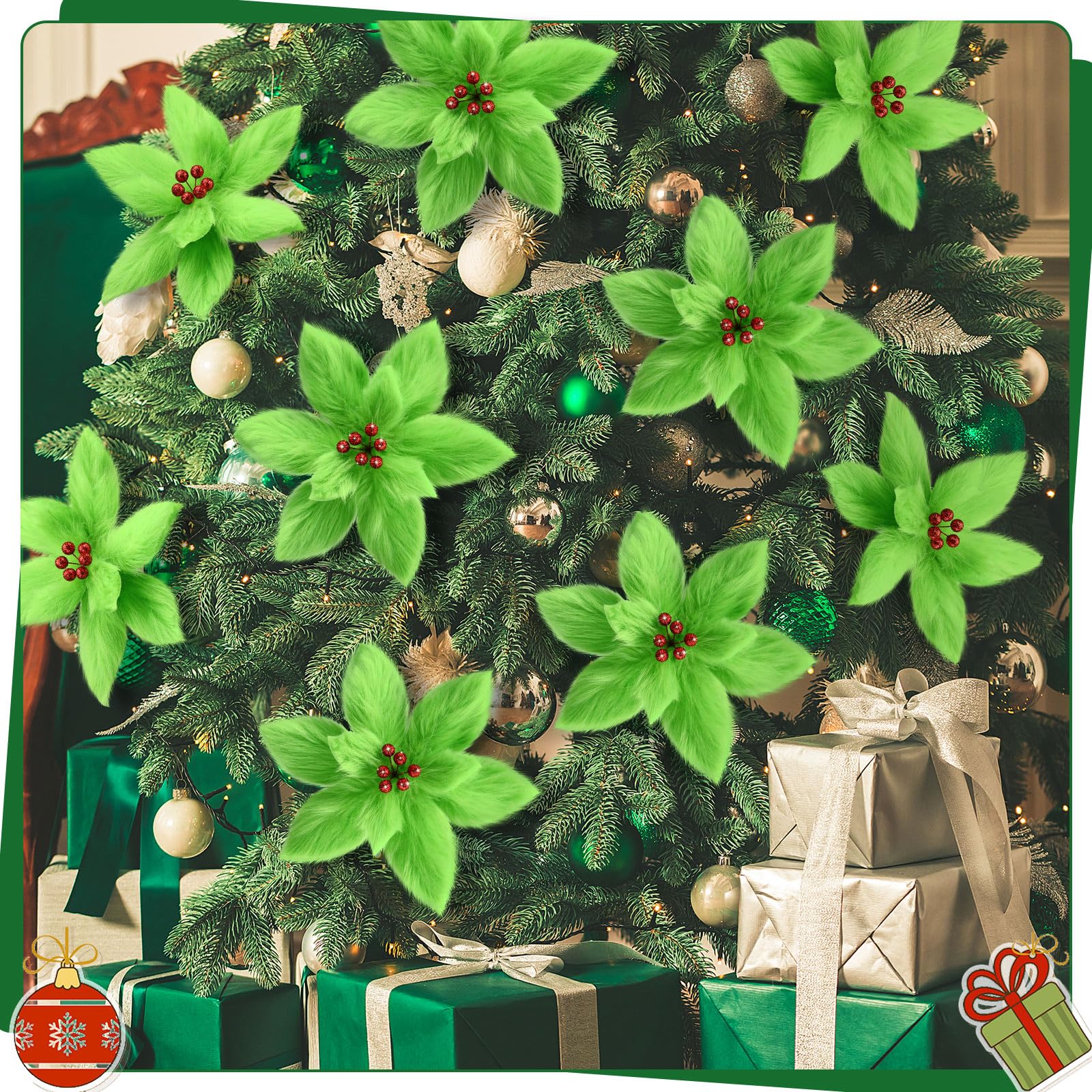 Chunyin 8 Flores Navideñas de Peluche 30 cm Flores Artificiales Grandes Ramas de Flores Artificiales Decoración del Árbol de Navidad Flor de Pascua Artificial para Navidad Año Nuevo Boda (Verde Rojo)