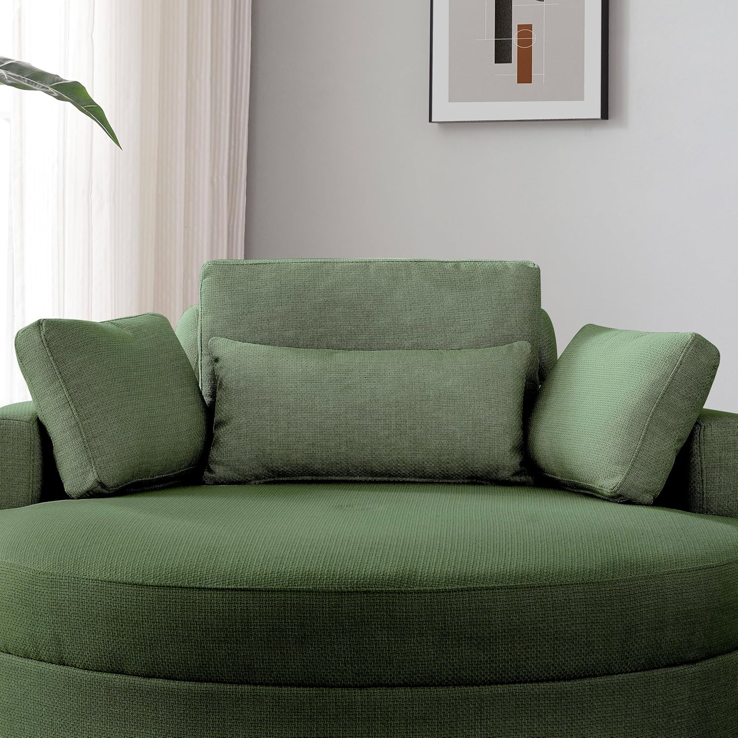 51.2'' Oversized Barrel Armchair with Storage Ottoman，Round Single Reading Upholstered Chairs,Recliner Sofa Chaise with 4 Movable Pillows for Living Room(Green+Linen)