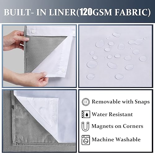 Miniatura 4 de Yimobra Juego de cortinas de ducha de tejido gofre con forro de tela a presión, tela pesada con 12 ganchos, impermeable y lavable, ventana superior