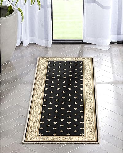 Miniatura 1 de Well Woven Apollo Fleur De Lis - Alfombra de pasillo negra de 2 x 5 pies