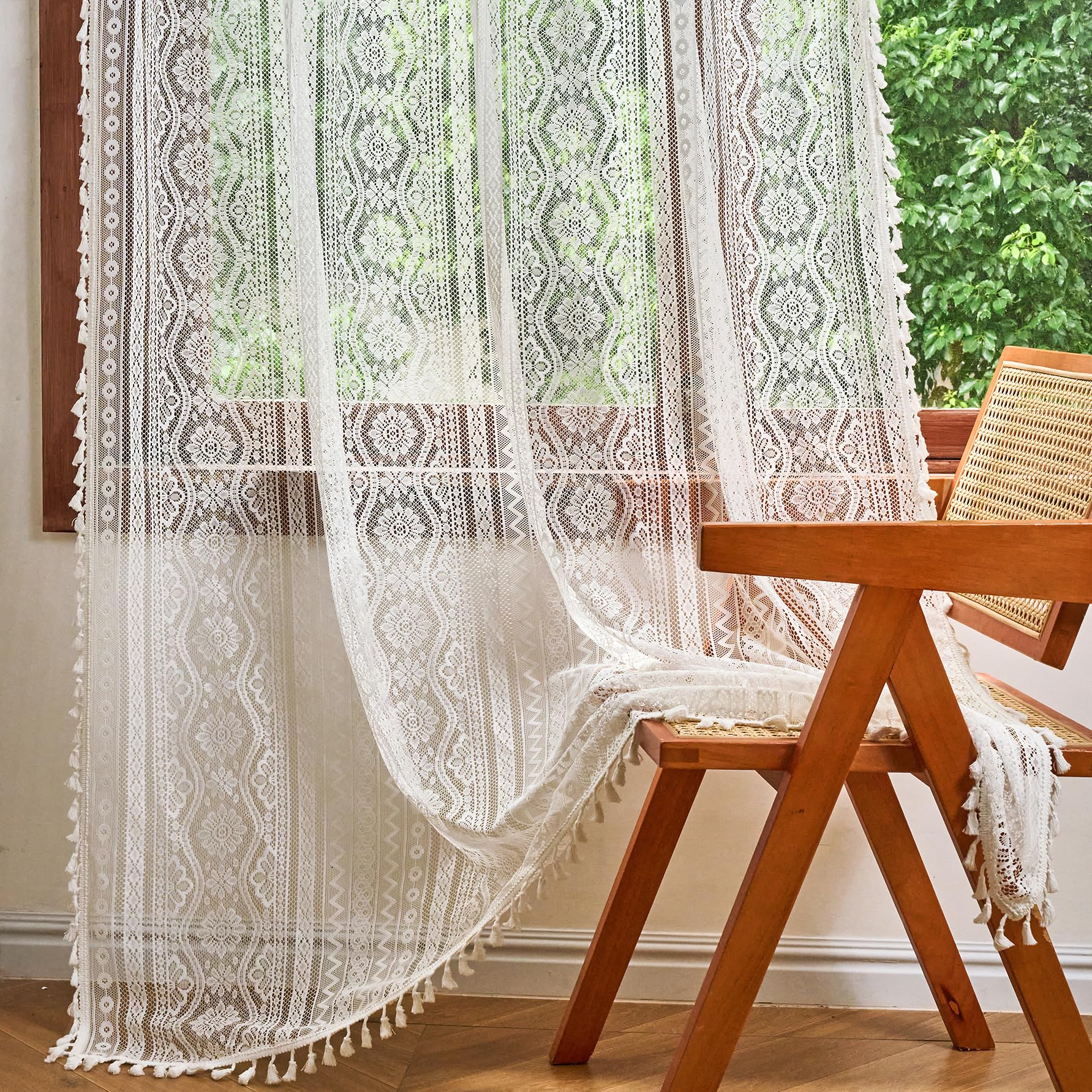 MYSKY HOME White Lace Sheer Curtains 84 Inch Long 2 Panels Vintage Floral Bohemian Crochet Geometry Striped Light Filtering Privacy Rod Pocket Drapes with Tassels for Living Room Bedroom, 55" Wide