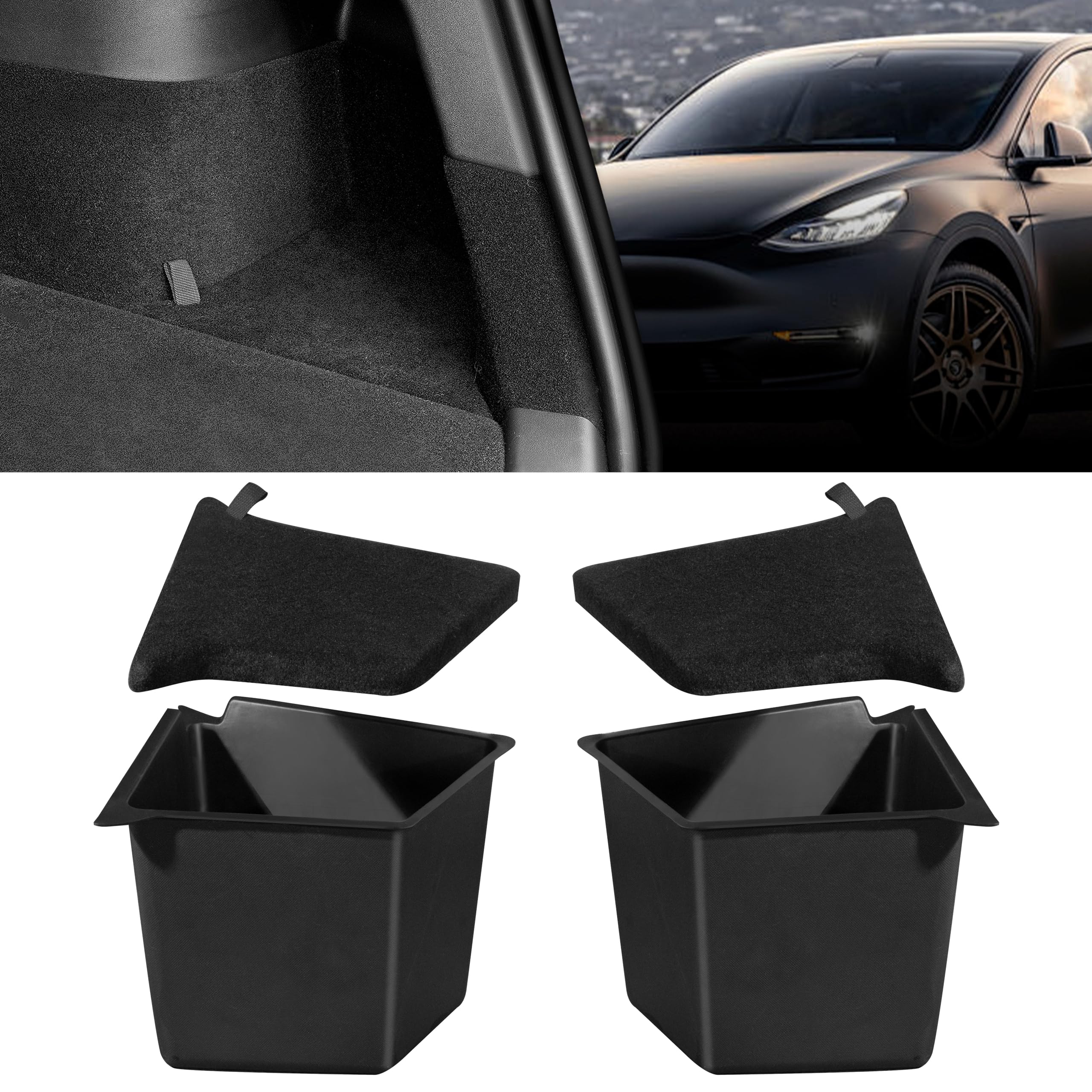 Contenedores de almacenamiento Carniway para maletero con tapa alfombrada para Tesla Model Y (versión 2022-2025), 2 unidades, organizador de maletero trasero TPE impermeable, accesorios interiores