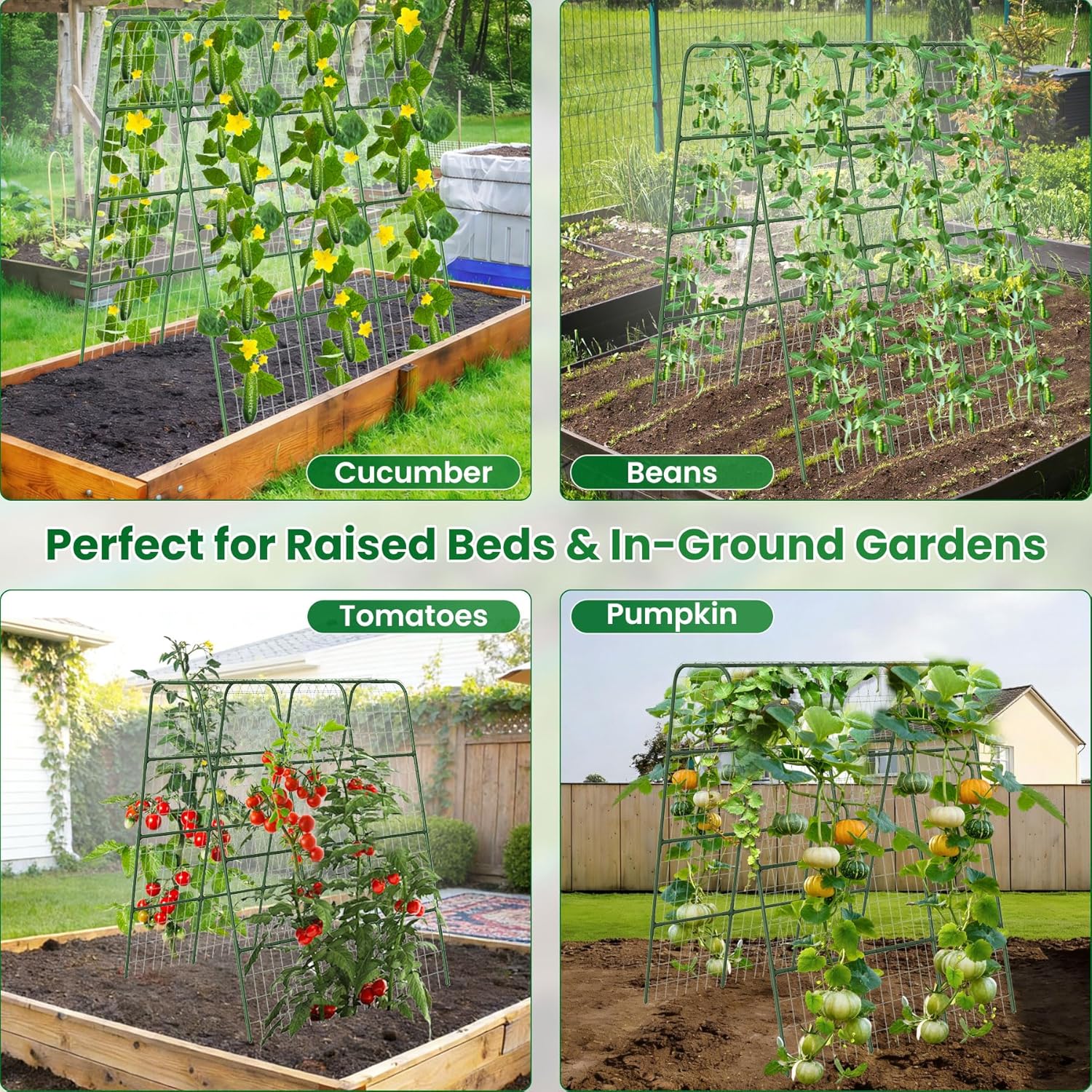 Cucumber Trellis for Raised Bed, U-Shape Lightweight Plant Support Metal Frame with Netting and Vine Clips – Easy Assembly Garden Trellis for Climbing Plants Vegetable (63” Tall x 47” Wide)