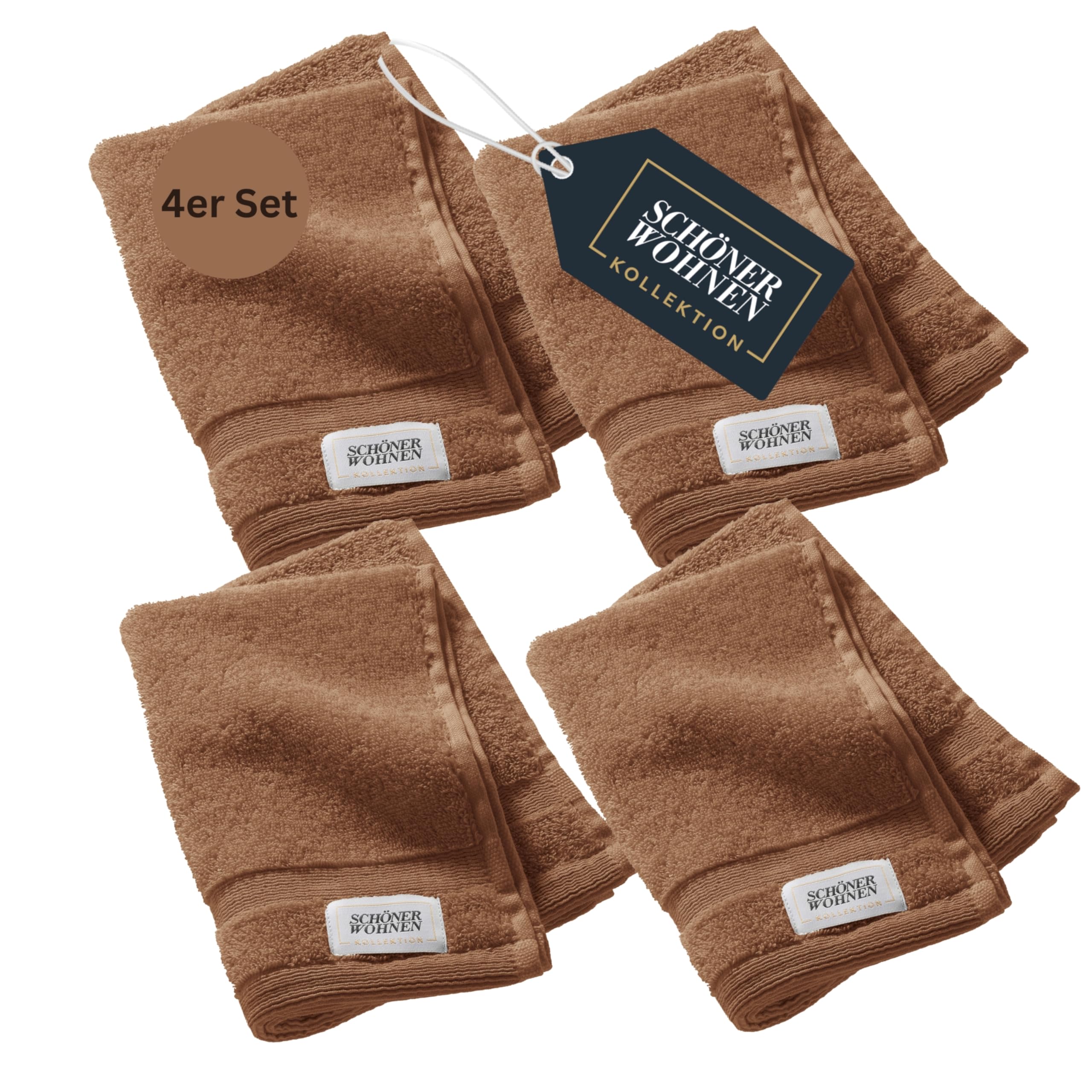 SCHÖNER WOHNEN 4er Set Premium Gästehandtuch 30x50 cm - saugstark - Luxus Handtücher Braun 4teilig - 100% Baumwolle - flauschig weich - als Handtuch-Set kombinierbar - Frottee Kinder - Öko-Tex