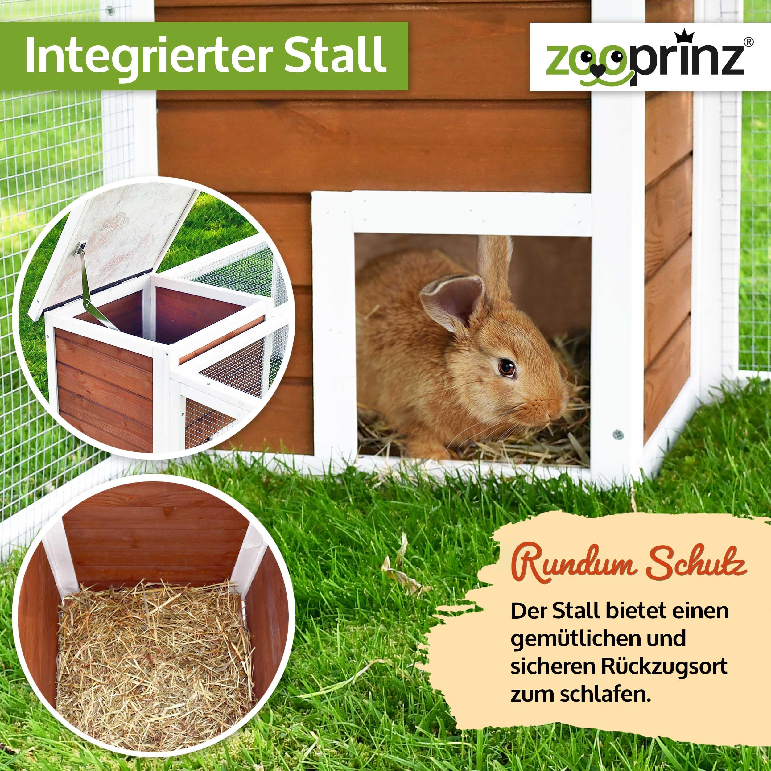 zooprinz brandneues Freilaufgehege mit Stall für draußen – ideal für Kleintiere – Besonders stabiler und großer Holzrahmen mit Kaninchenstall – Freilauf mit natürlicher Farbe lasiert – Hasenstall (XL)