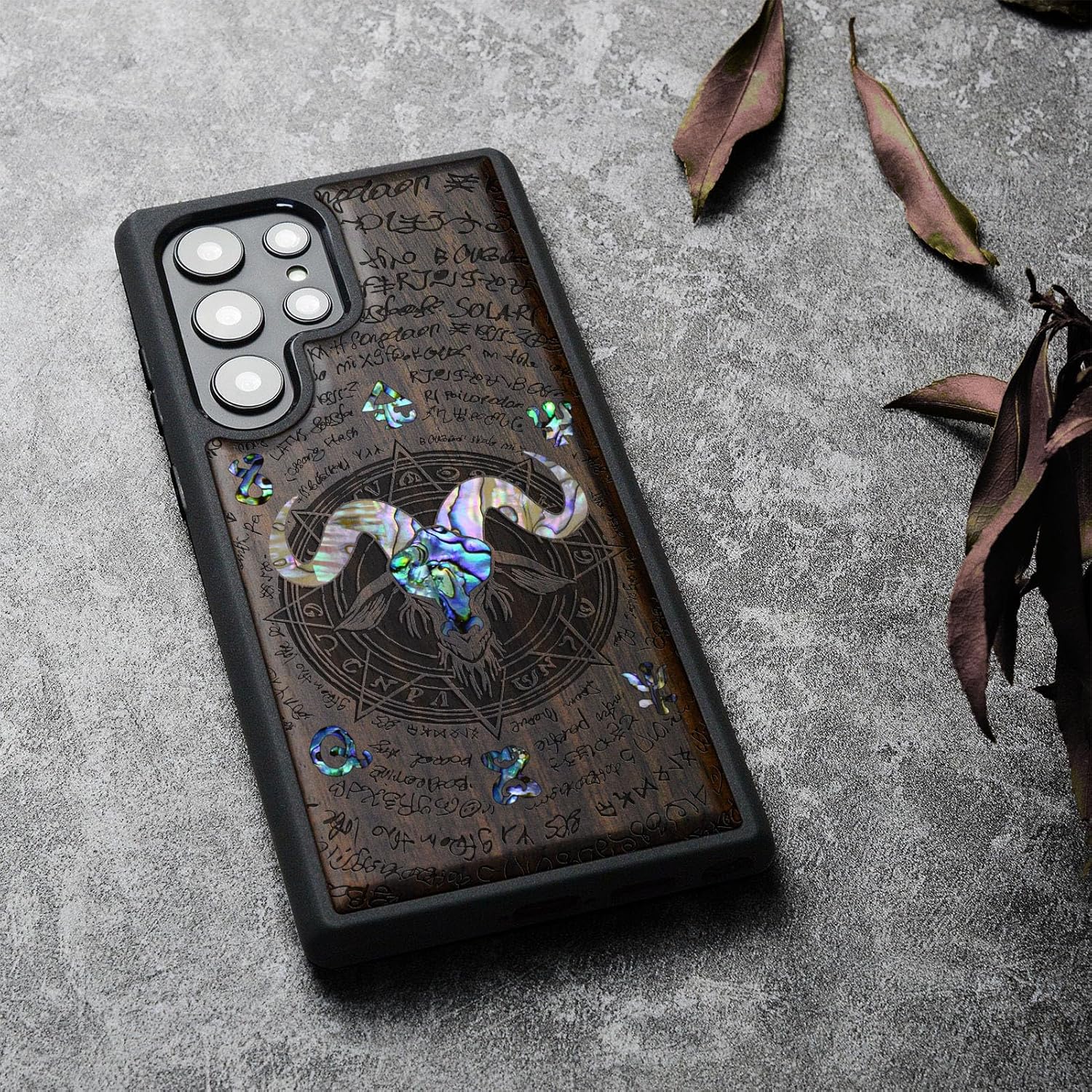 Carveit Designer Wooden Cover for Samsung Galaxy S22 Ultra Case [Wood Engraving & Shell Inlay] Compatible with Wireless Chargers S22 Ultra (Horned Goat-Blackwood)