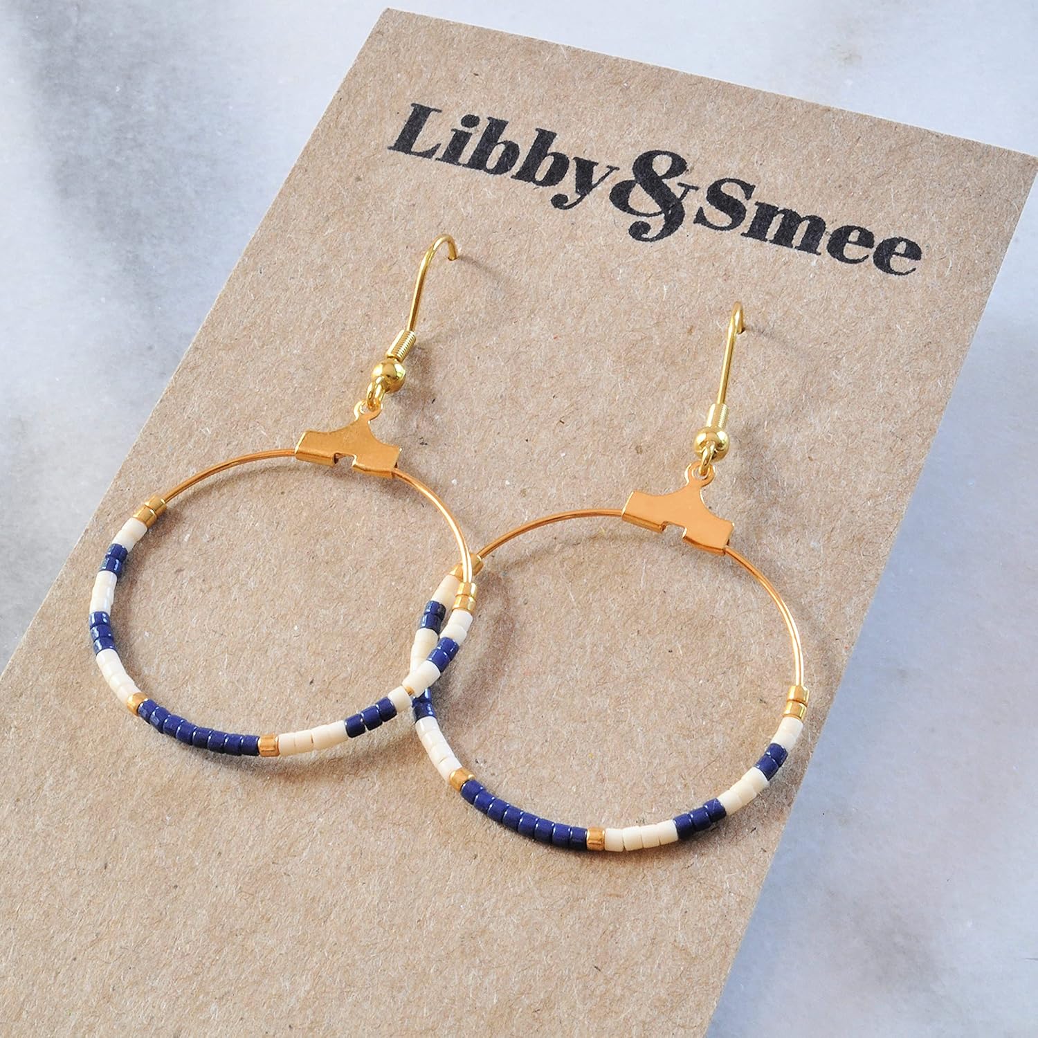 Navy White Small Beaded Nautical Hoop Earrings on Gold-Plated Ear Wires