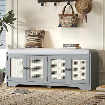 Rustic Wood Storage Bench, Multifunctional Entryway Shoe Bench with Removable Cushion, Woven Rattan Doors & Adjustable Shelves for Hallway, Living Room Beige,Gray Wash