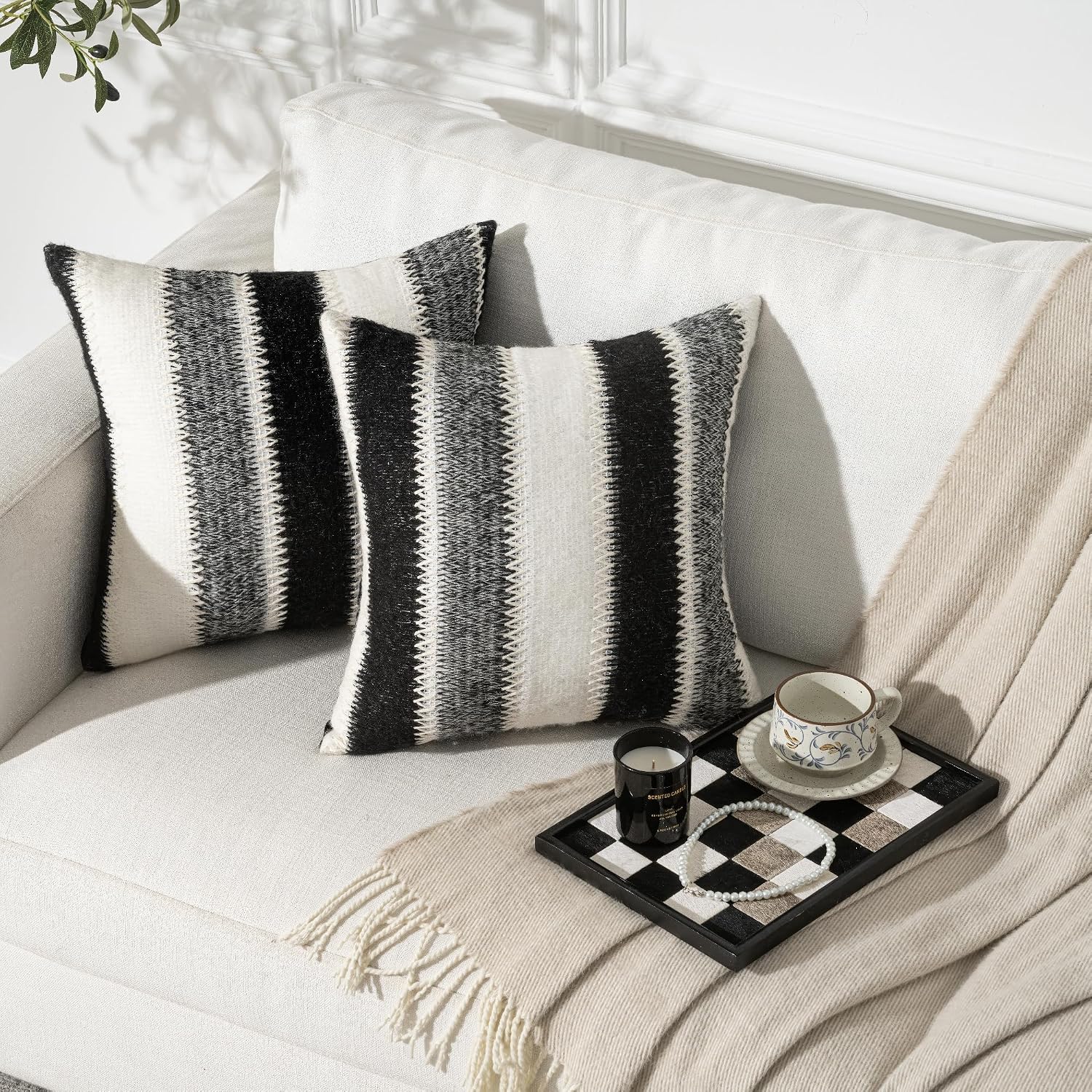 Set of 2 Indoor 18x18 in Black&White&Gray Soft Stripes Wool Farmhouse Decorative Throw Pillow Cover Boho Accent Neutral Textured Cushion Pillow Case for Living Room Couch Bed Sofa