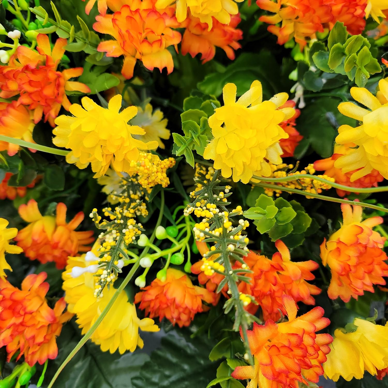 Cemetery Saddle Memorial Decoration - Realistic Silk Faux Floral Artificial Grave Flowers - Orange Yellow Mini Mums for Headstone Decorating