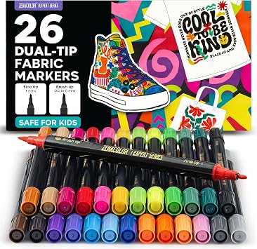 Zenacolor 26 Dual Tip Fabric Paint Marker - Non Toxic Fabric Markers Permanent For Clothes with Fine & Brush Tips - Shoe Paint, Canvas, Totes Bags