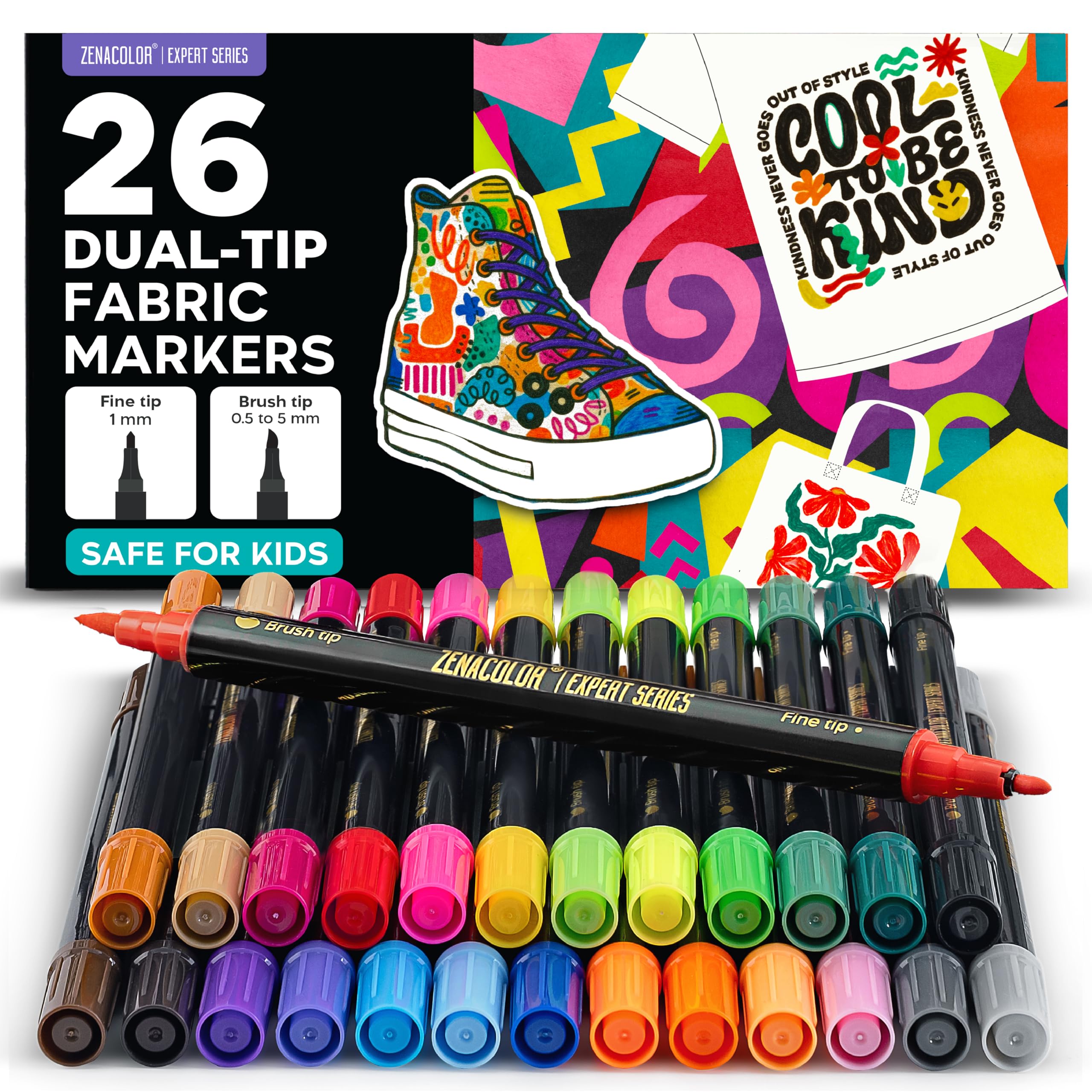 Zenacolor 26 Textile Pens Machine Washable Permanent Textile Paint Double Tip Fabric Colouring Pens for Textile, T-Shirt, Canvas, Fabric Bags for Painting-image-49