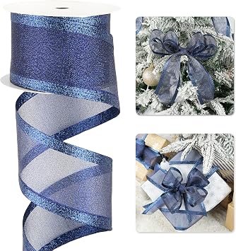 Navy Blue Christmas Ribbon Wired 2.5 Inch Metallic Navy Wired Ribbon with Glitter Stripe, Blue Ribbon for Christmas Tree, Wreaths Supplies, Swag, Garland, Holiday Decor- 10 Yards