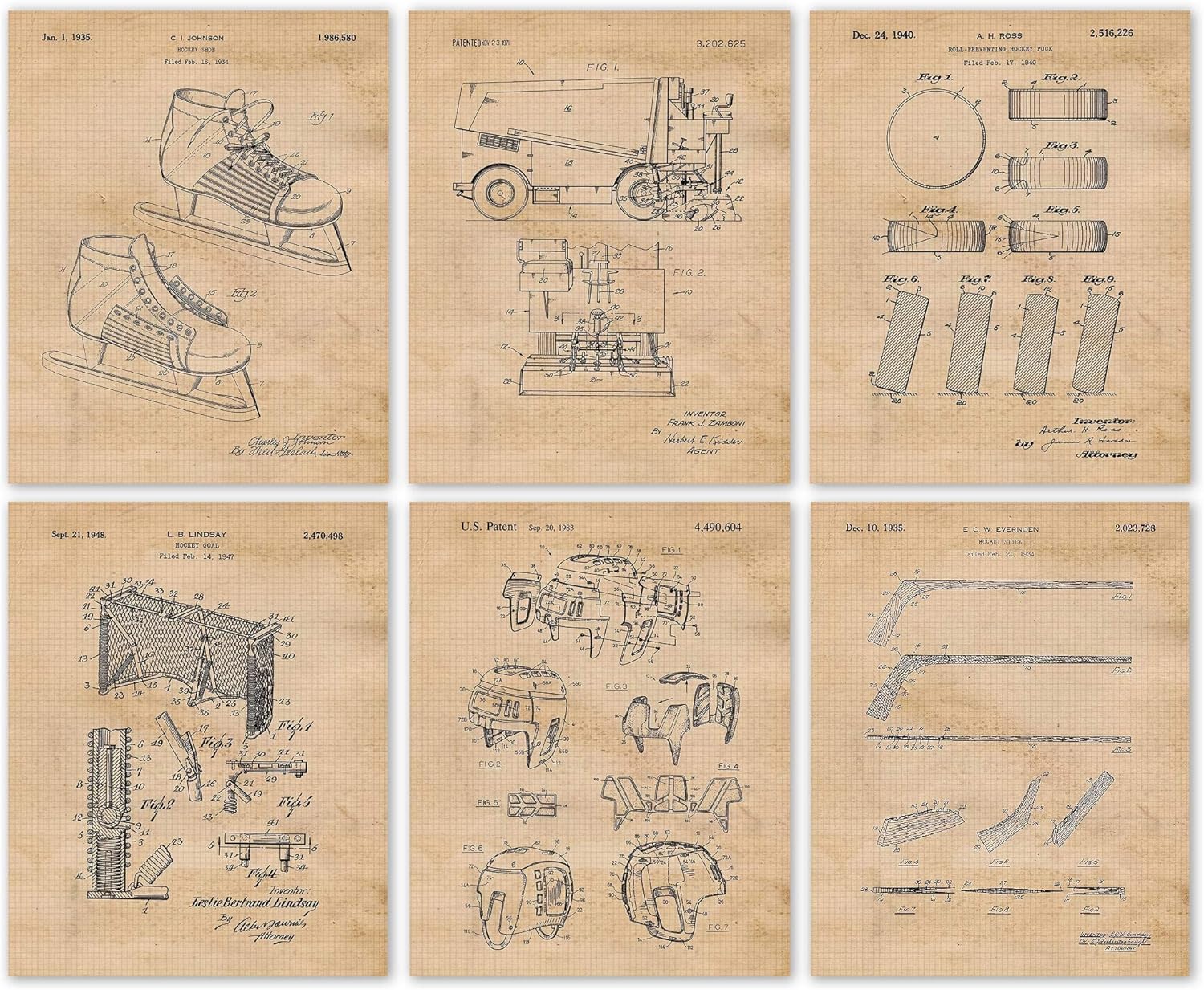 STARS BY NATURE Classic Ice Hockey Patent Prints, 6 (8x10) Unframed Photos, Wall Art Decor for Home Work Office Gears Garage Shop College School Gym College Student Teacher National Team Coach