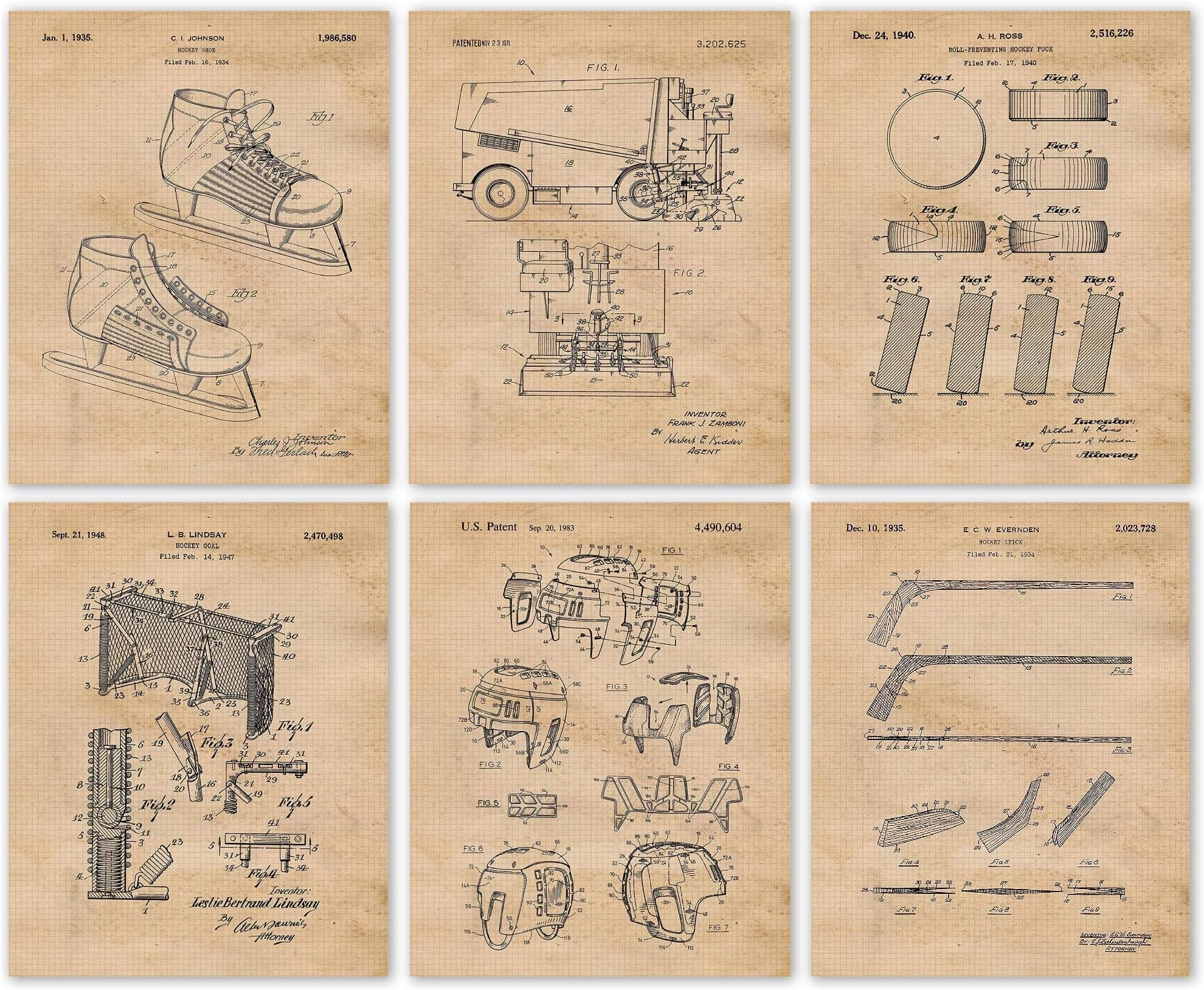 Classic Ice Hockey Patent Prints, 6 (8x10) Unframed Photos, Wall Art Decor for Home Work Office Gears Garage Shop College School Gym College Student Teacher National Team Coach