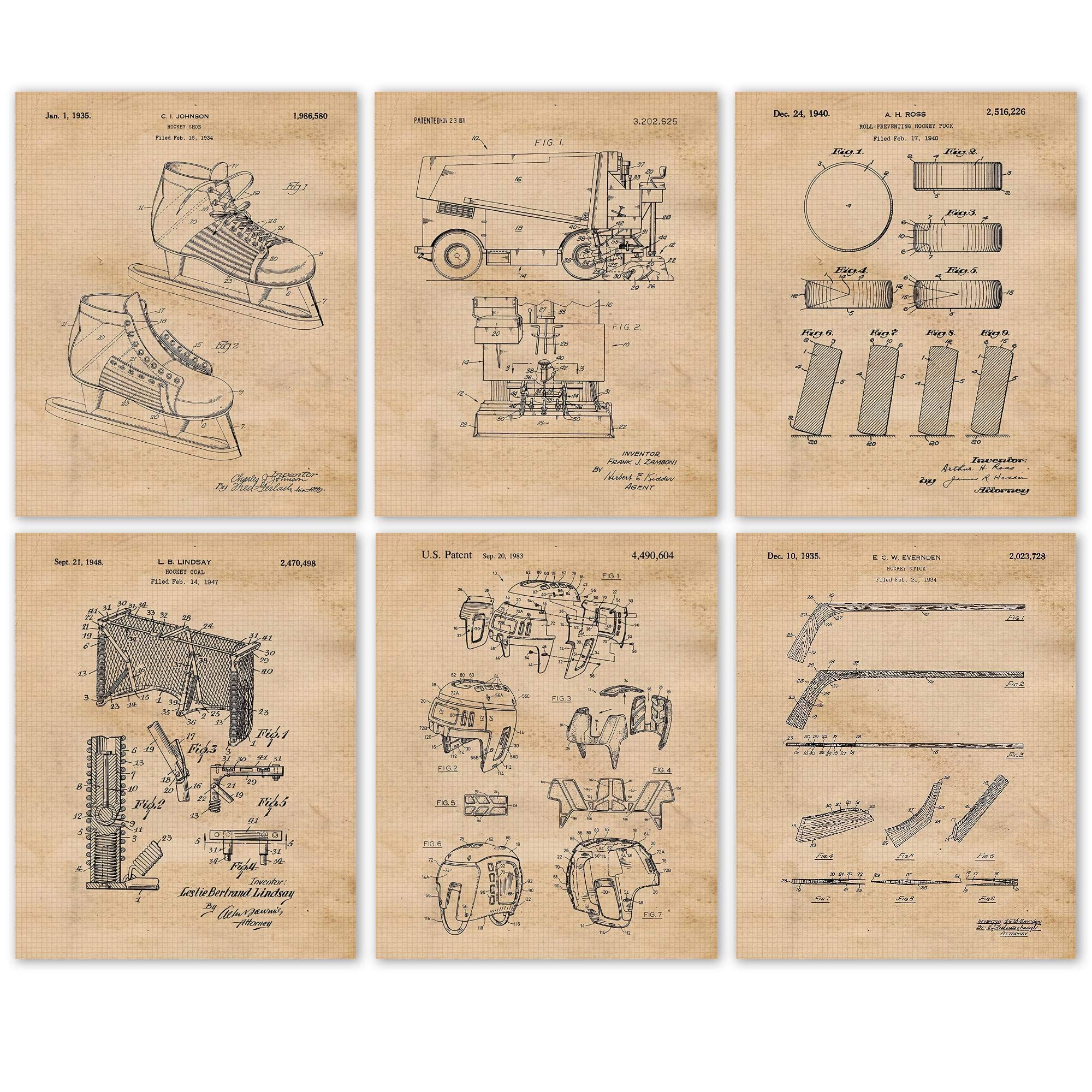 Vintage Hockey Patent Prints, 6 (8x10) Unframed Photos, Wall Art Decor Gift for Home Office Man Cave Work Garage Shop College School Gym Student Teacher Coach Winter XGames Pro Team Champs Fans