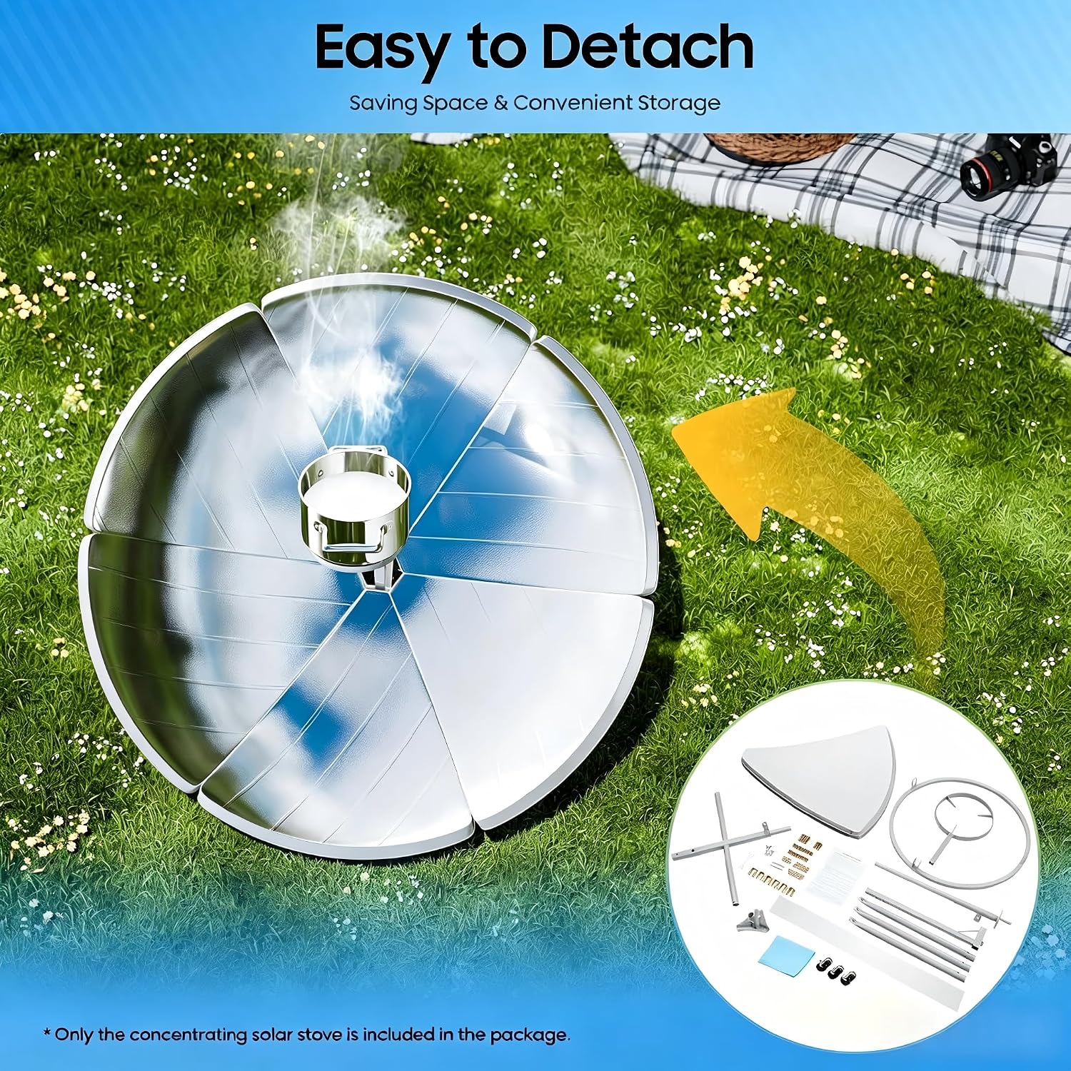 Portable Solar Cooker Parabolic Sun Oven,Concentrating 1.5m Diameter Camping Outdoor Solar Cooker for Solar Heating, Camping, Outdoor,Picnic, Visual Education or Diy Solar Concentrator (800 to1000°C)