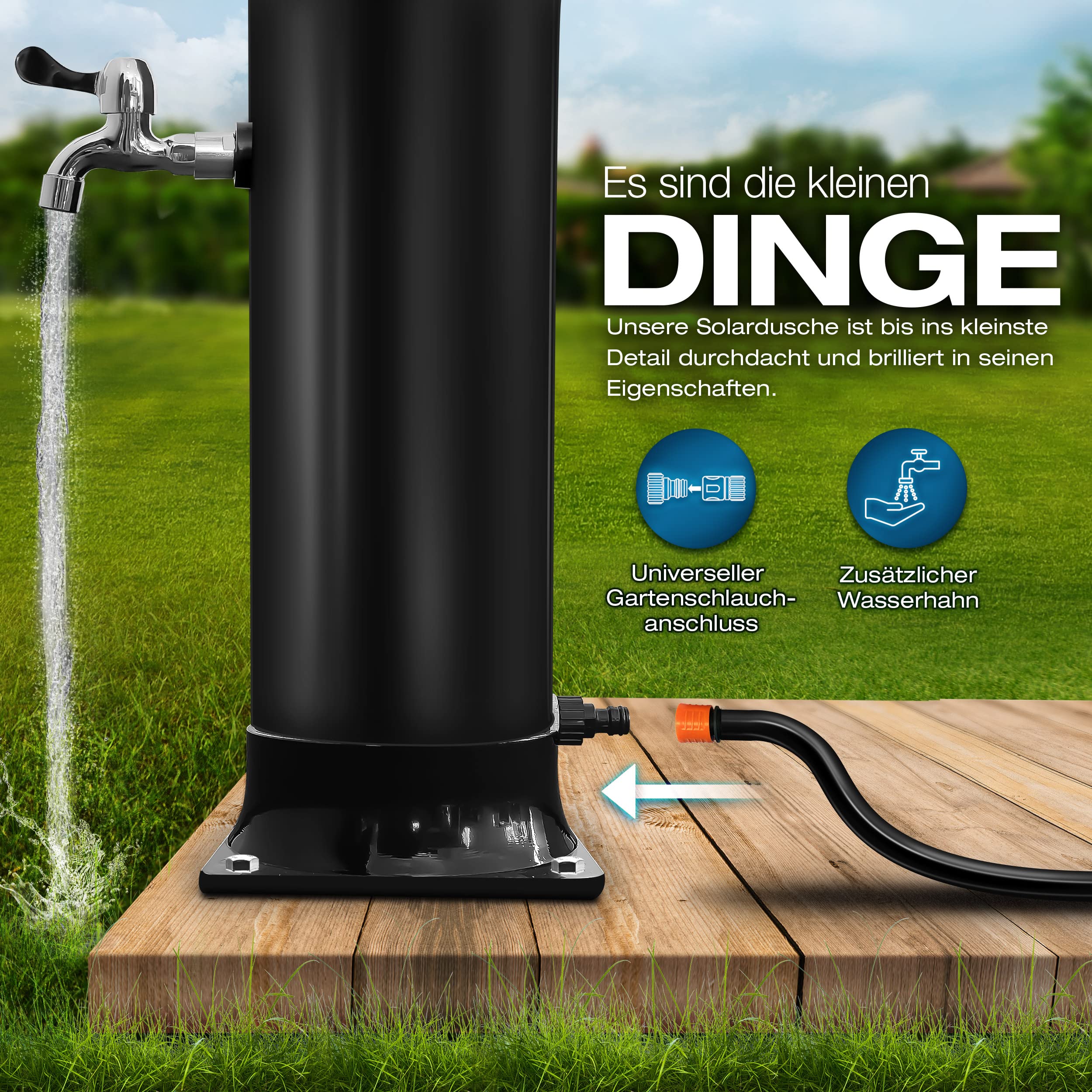 tillvex Solardusche 20 Liter | Solar Garten-dusche warmes Wasser | Pooldusche Camping | ohne Stromanschluss | mit Wasserhahn und Regenduschkopf | Gartenschlauch-Anschluss (Schwarz)