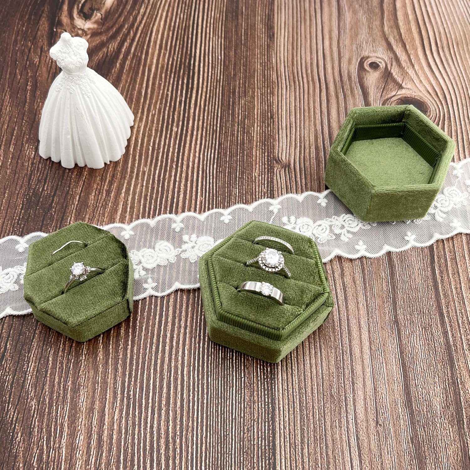 2 IN 1 Ring Box Velvet Wedding Day, 2 and 3 Slot Hexagon Ring Box, Premium Double Rings Bearer Holder, Handmade Ring Gift Box for Proposal Engagement Ceremony Christmas Travel （Olive Green） image 2