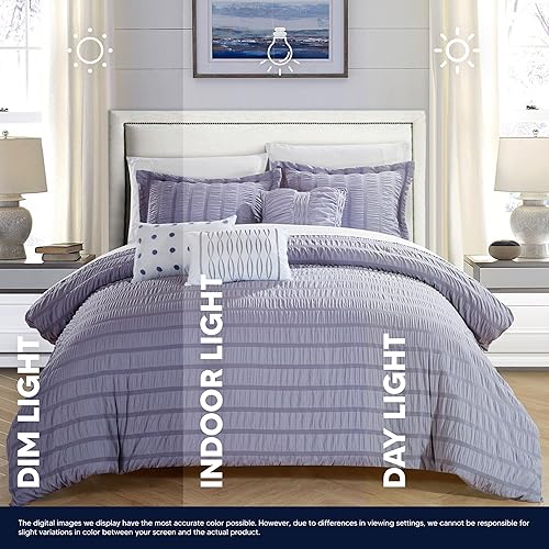Miniatura 7 de Chic Home Hadassah - Juego de edredón de 6 piezas a rayas fruncidas con volantes, fundas de almohada decorativas incluidas, King, lavanda