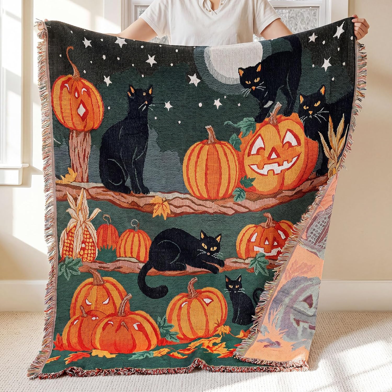 Moukeren 60 x 50 in Halloween Woven Tapestry Blanket with Pumpkin and Cat