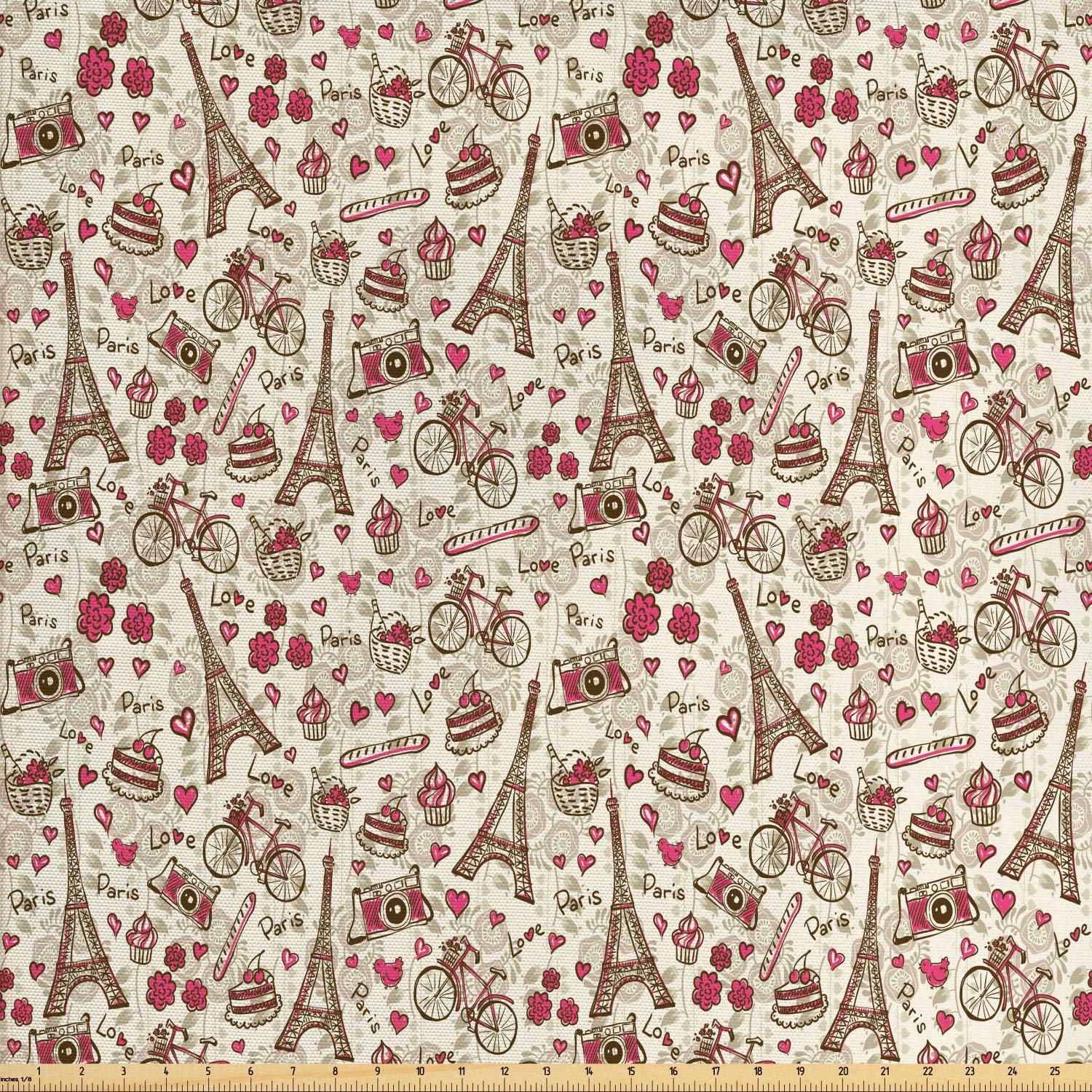 Ambesonne Romantic Fabric by The Yard, Europe French Paris Themed Eiffel Tower Bakery Letterings Hearts Art Print, Decorative Fabric for Upholstery and Home Accents, 1 Yard, Magenta Cream