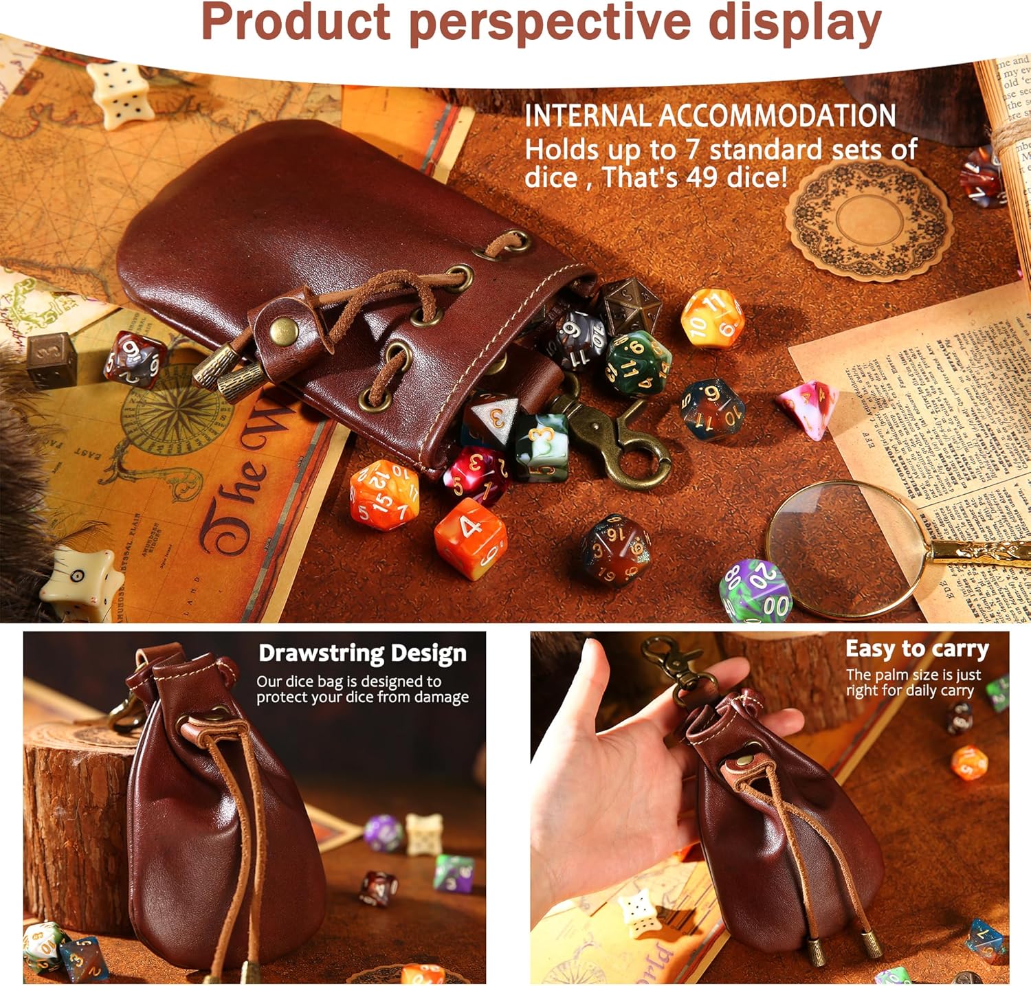 Vintage Medieval Drawstring Belt Pouch, FULL-GRAIN Leather, handmade, portable coin&dice purse with keychain. (small) - Image 5