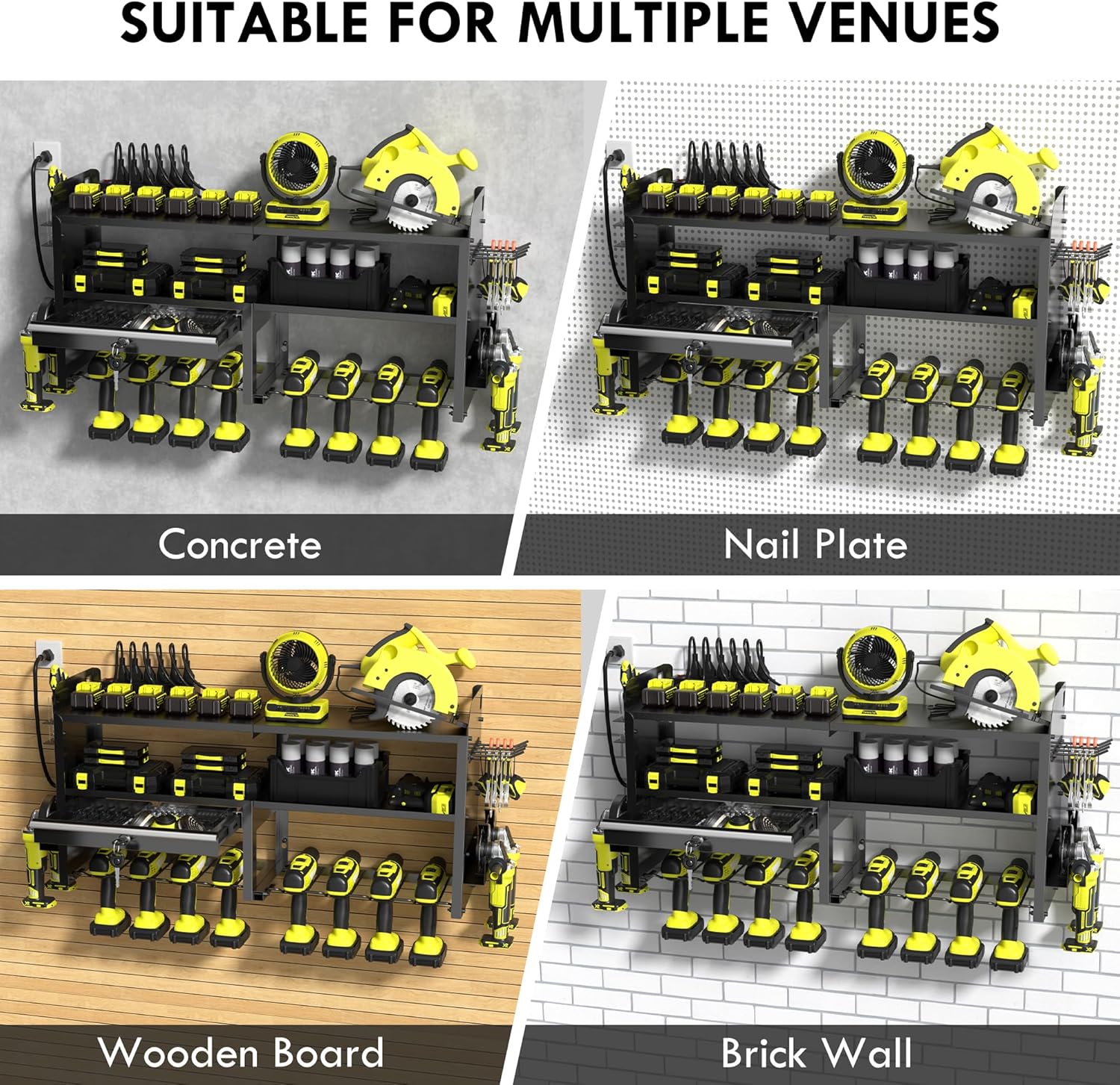 KSVO Power Tool Organizer Wall Mount with Drill Holder, Grinder Bracket, Hammer and Pliers, Locking Drawer, 6-Outlet Charging Rack - Heavy Duty Metal Tool Storage Garage, Workshop (Yellow)