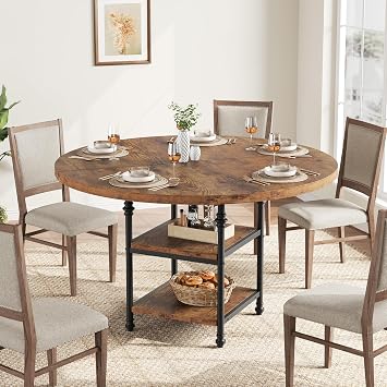 IDEALHOUSE 47-Inch Round Dining Table for 4 Kitchen & Dining Room Table with Storage Shelves and Elegant Roman Metal Legs, Circle Kitchen Table for Dining & Kitchen & Living