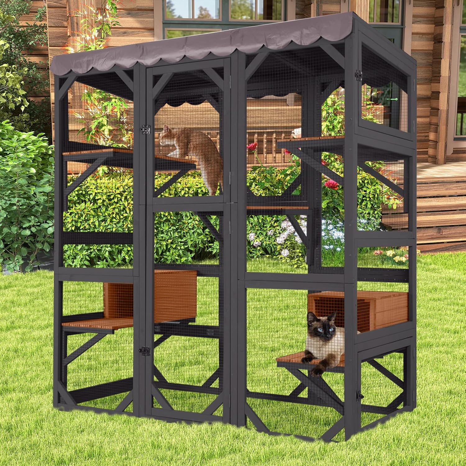Wooden Catio Outdoor Cat Enclosure — Large Walk-in Kitty Condo with 7 Climbing Platforms, 2 Napping Houses, Expandable Window Panel & Weatherproof Asphalt Roof (Black, Large)