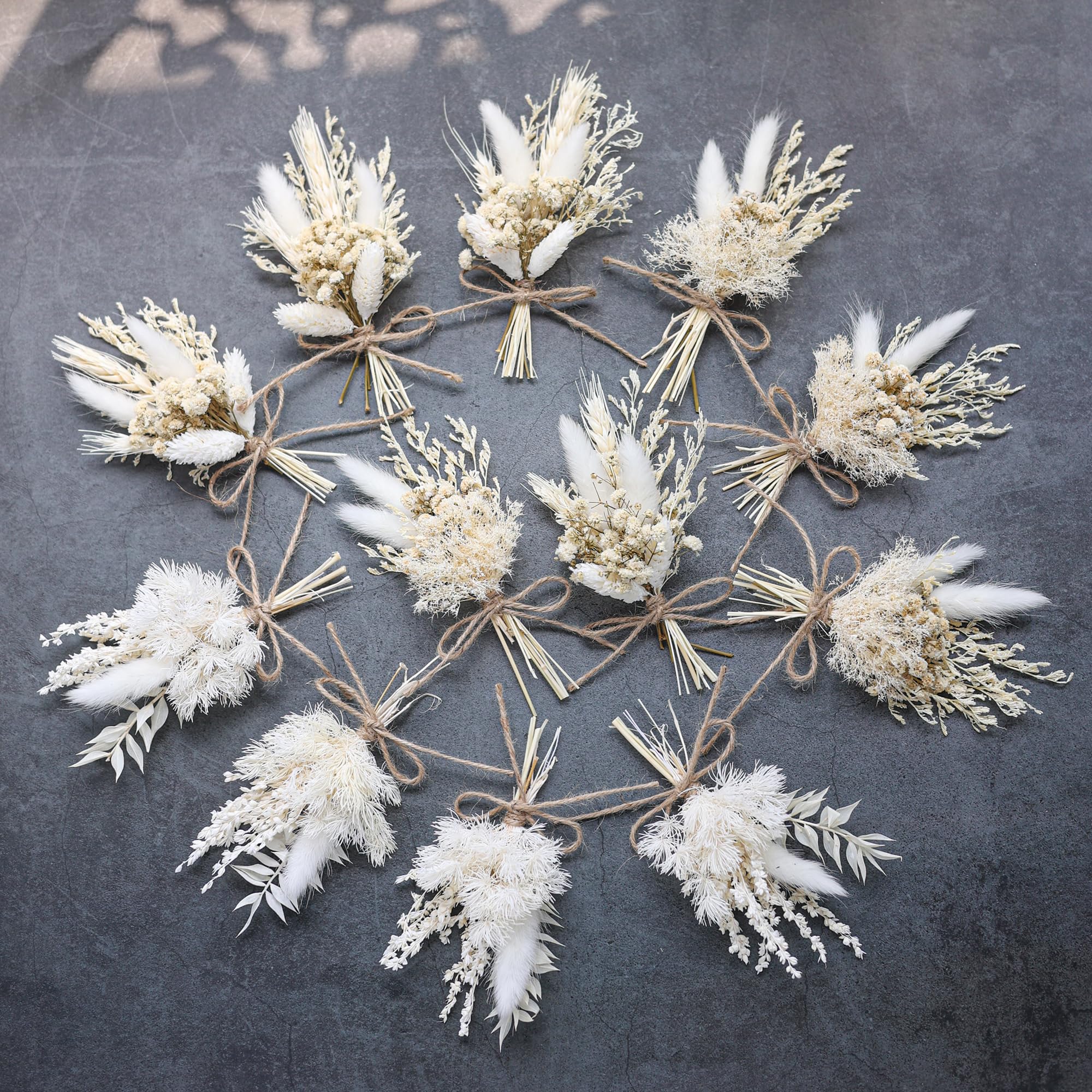 Mini Dried Flower Bouquet Set (12 pcs), Small Vase Dried Flowers, Mini Small Bouquet, Photo Frame Decoration, Party Plate Decoration, Craft Dried Flowers. (White)