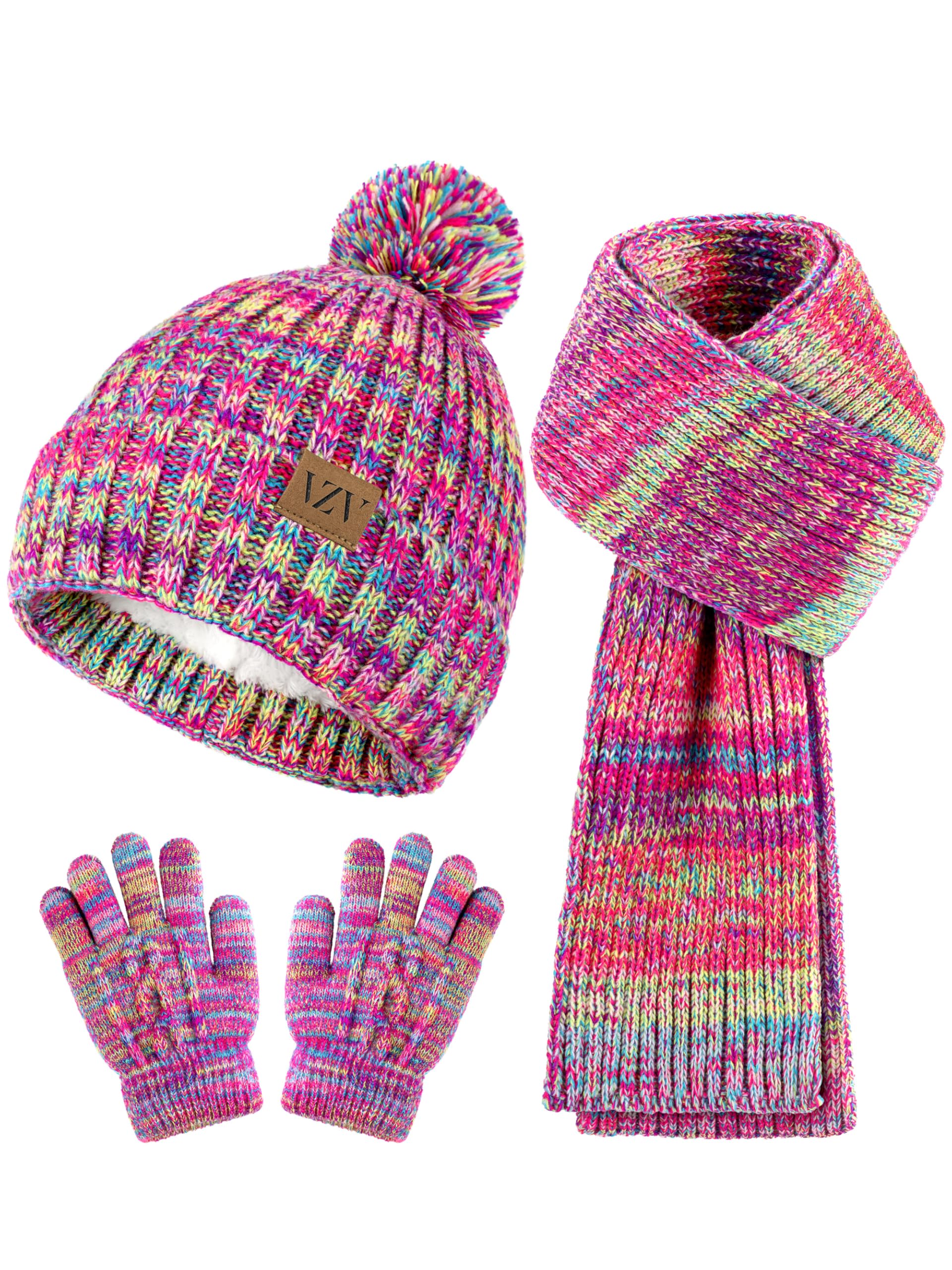VZV Kinder Winter Mütze Schal Handschuhen Set, Winter Strickmütze mit Bommel Warme Halstuch Gefütterte Fleece-Handschuhe für Jungen Mädchen 2-14 Jahre