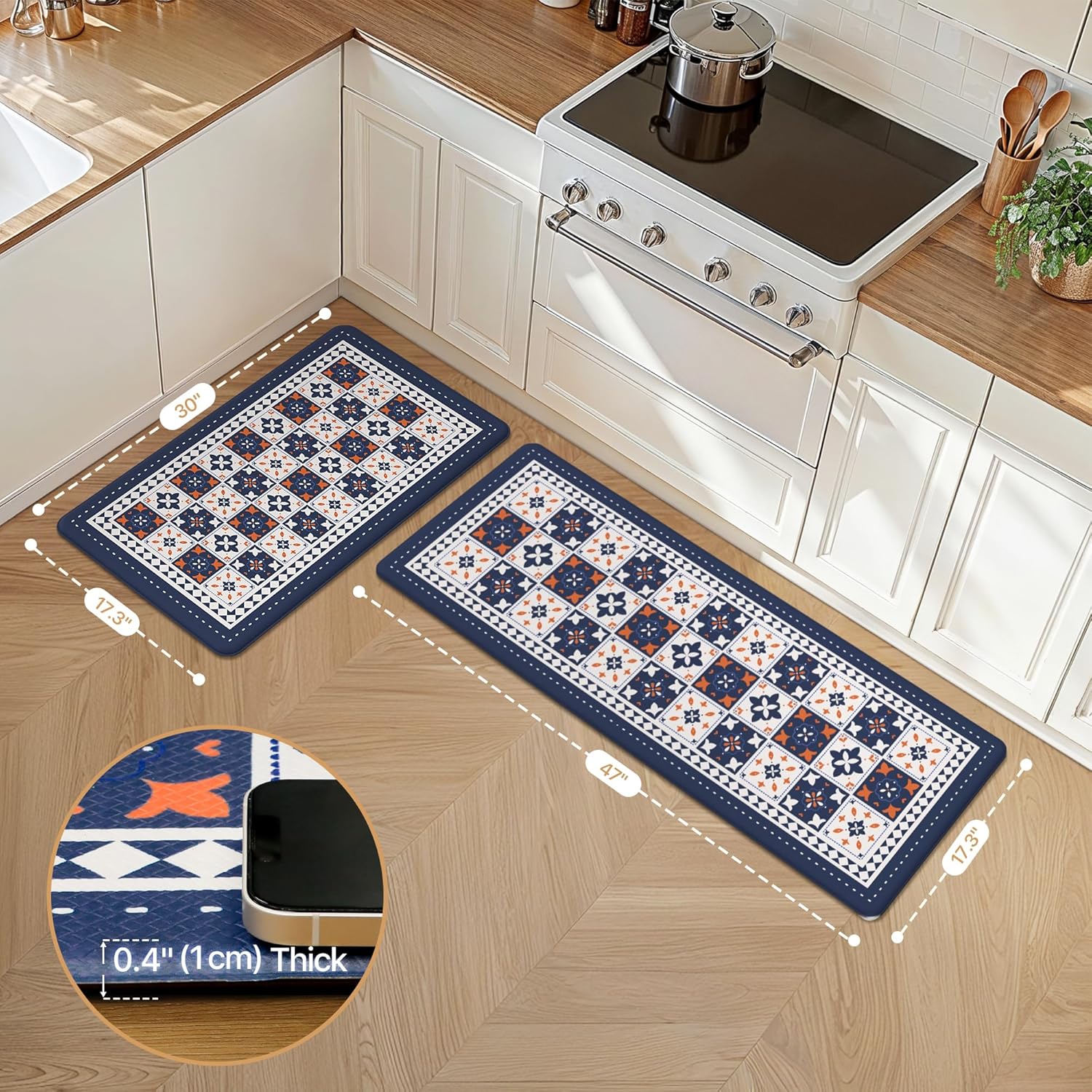 GENIMO Anti Fatigue Kitchen Mats for Floor, Cushioned Non Slip Kitchen Rug, Waterproof Kitchen Floor Mat Runner, Kitchen Mat for Laundry, Sink, Office, Entryway, 17.3"x47"+17.3"x30", Blue